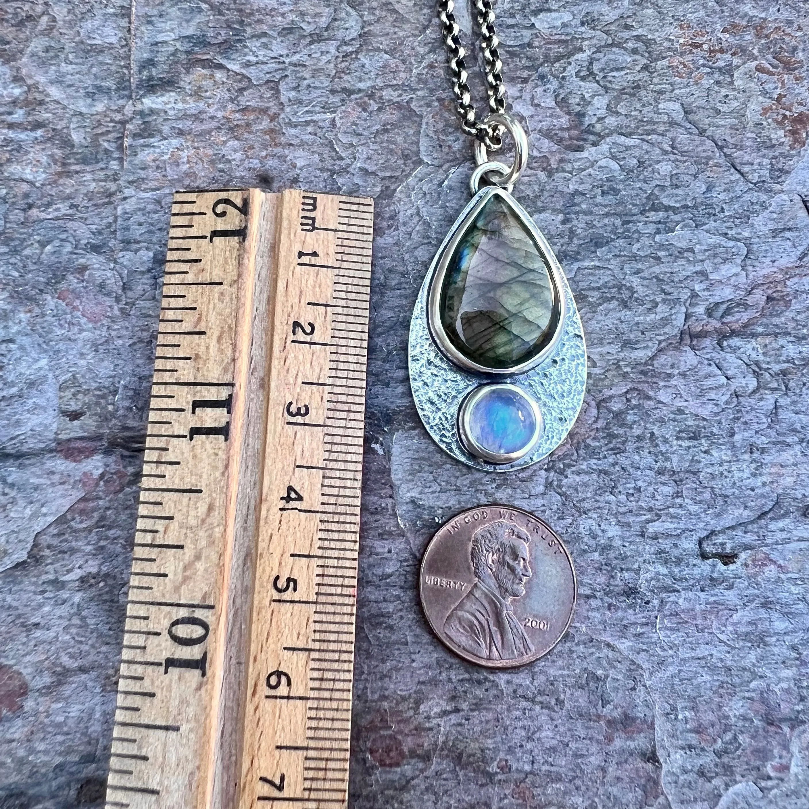 Labradorite and Rainbow Moonstone Sterling Silver Necklace - Handmade One-of-a-kind Pendant on Sterling Silver Chain