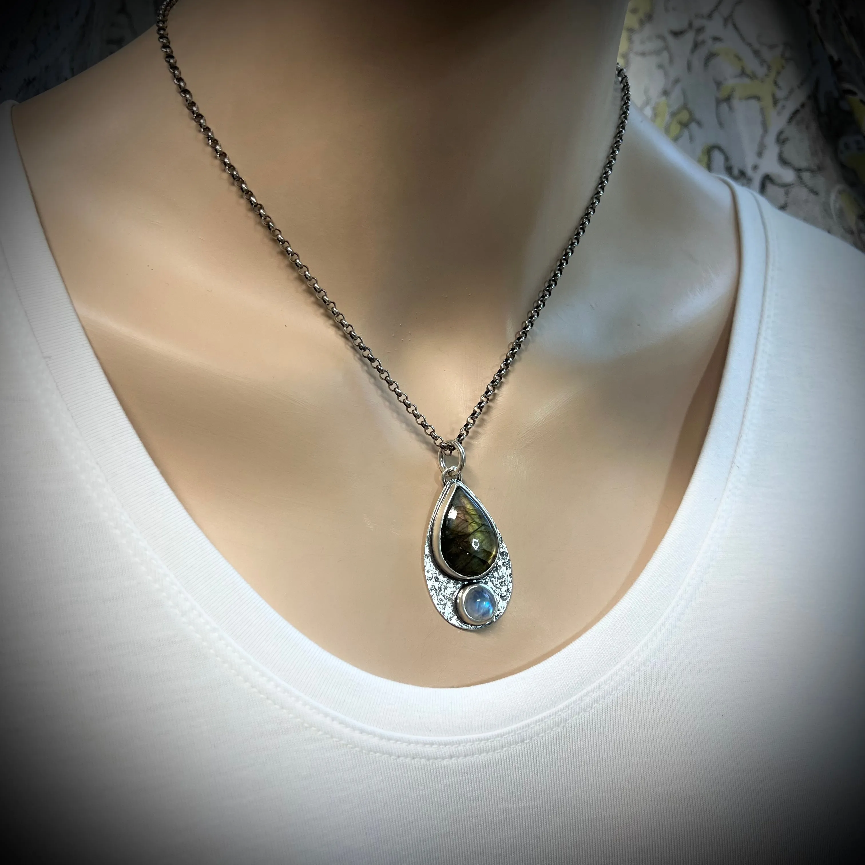 Labradorite and Rainbow Moonstone Sterling Silver Necklace - Handmade One-of-a-kind Pendant on Sterling Silver Chain