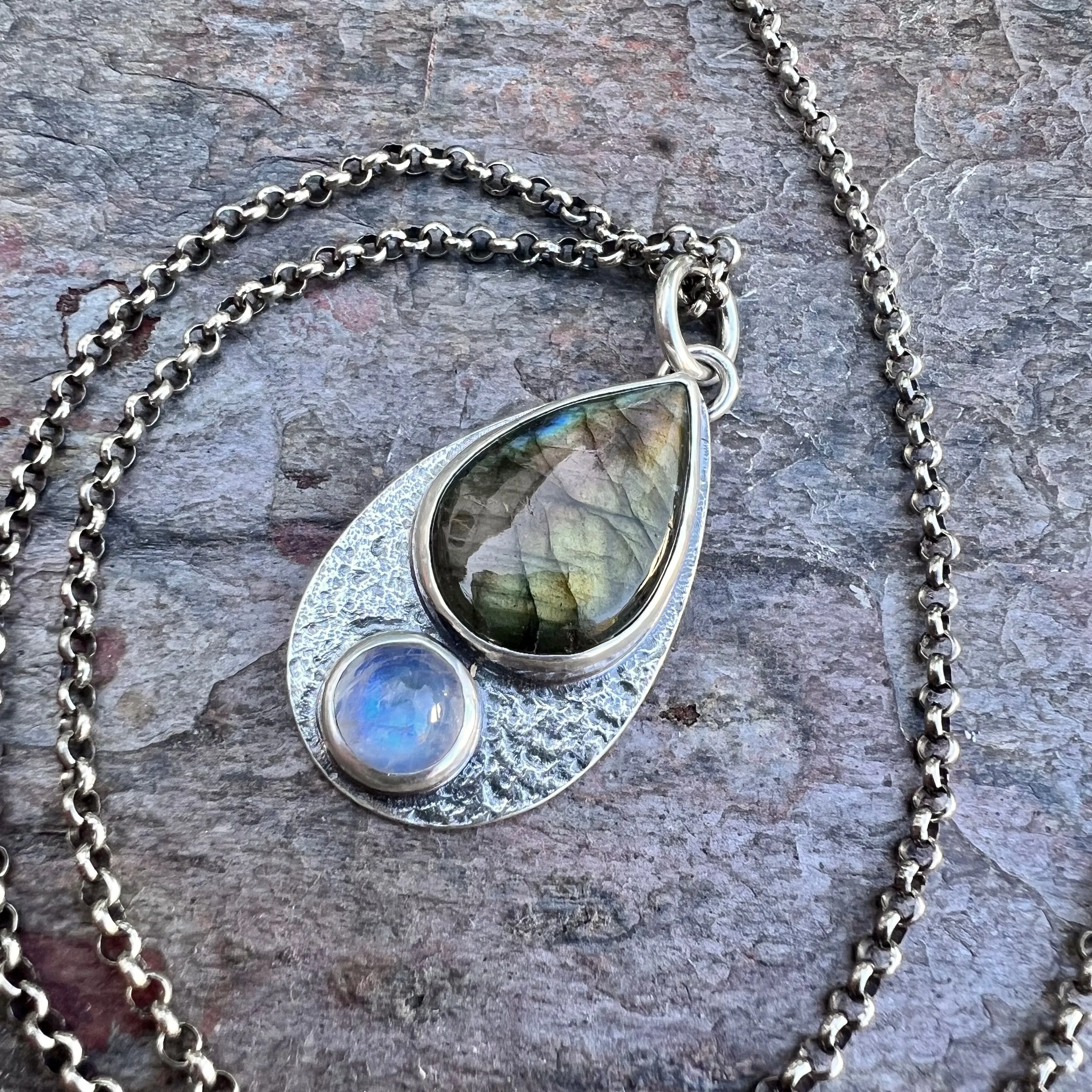 Labradorite and Rainbow Moonstone Sterling Silver Necklace - Handmade One-of-a-kind Pendant on Sterling Silver Chain