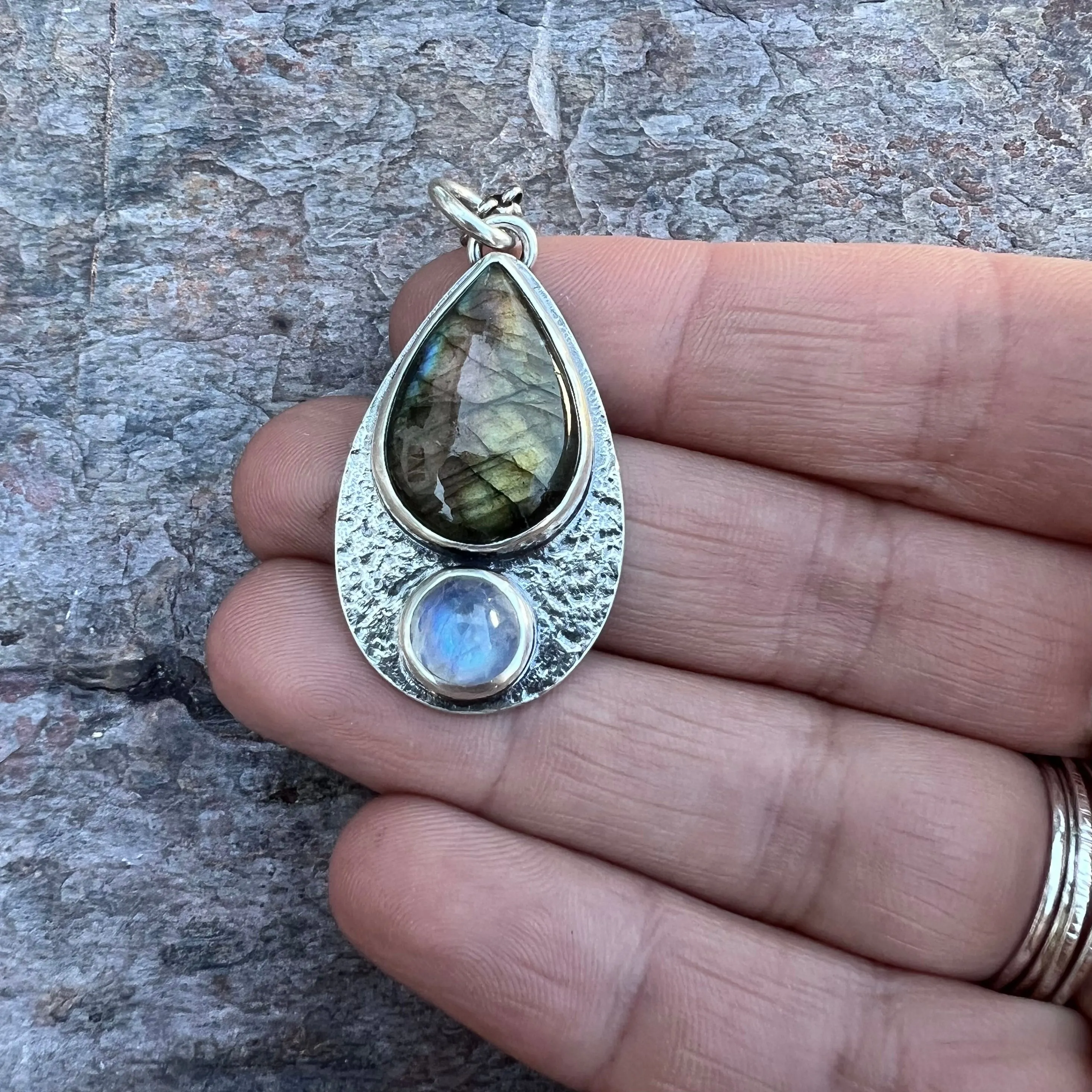 Labradorite and Rainbow Moonstone Sterling Silver Necklace - Handmade One-of-a-kind Pendant on Sterling Silver Chain