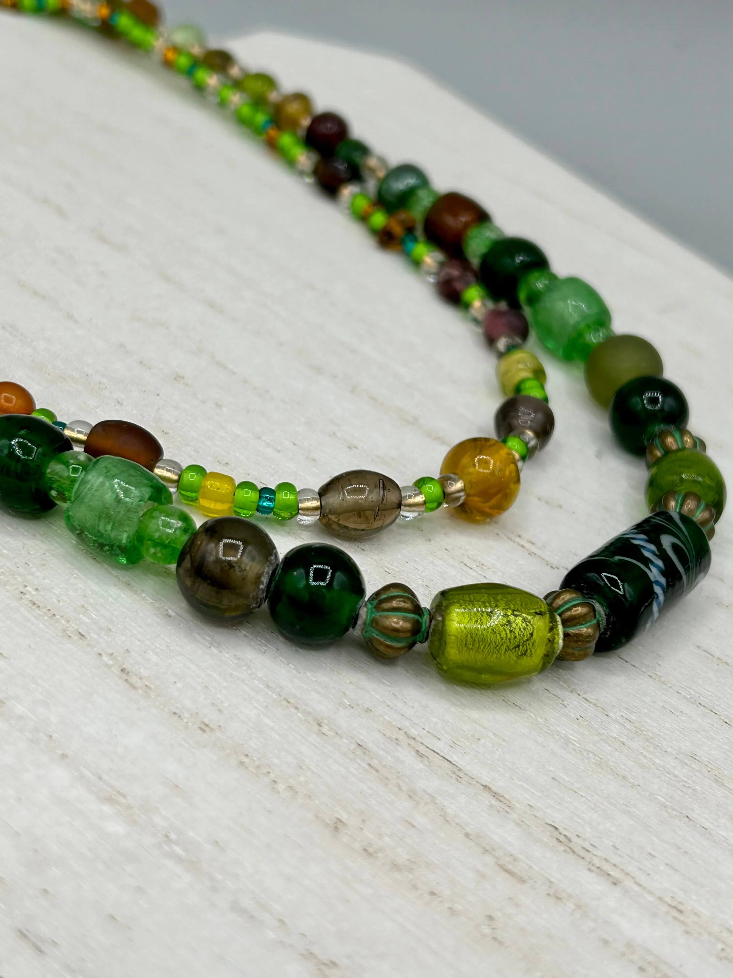 Large And Chunky Hand Beaded Necklace, Shabby Chic, Hippie, Bohemian, Fall Harvest Jewelry, Dark Green And Amber Glass Beads
