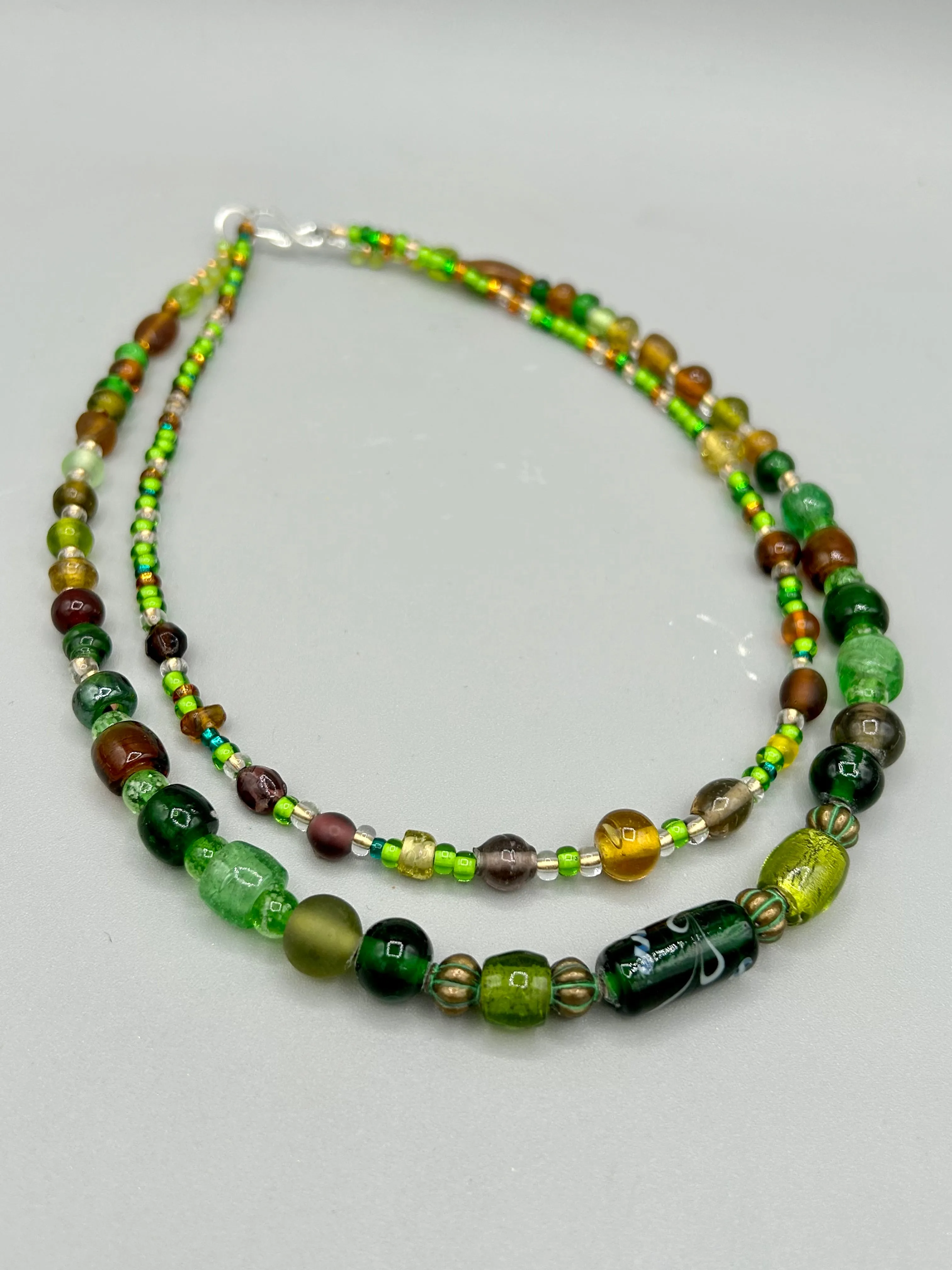Large And Chunky Hand Beaded Necklace, Shabby Chic, Hippie, Bohemian, Fall Harvest Jewelry, Dark Green And Amber Glass Beads