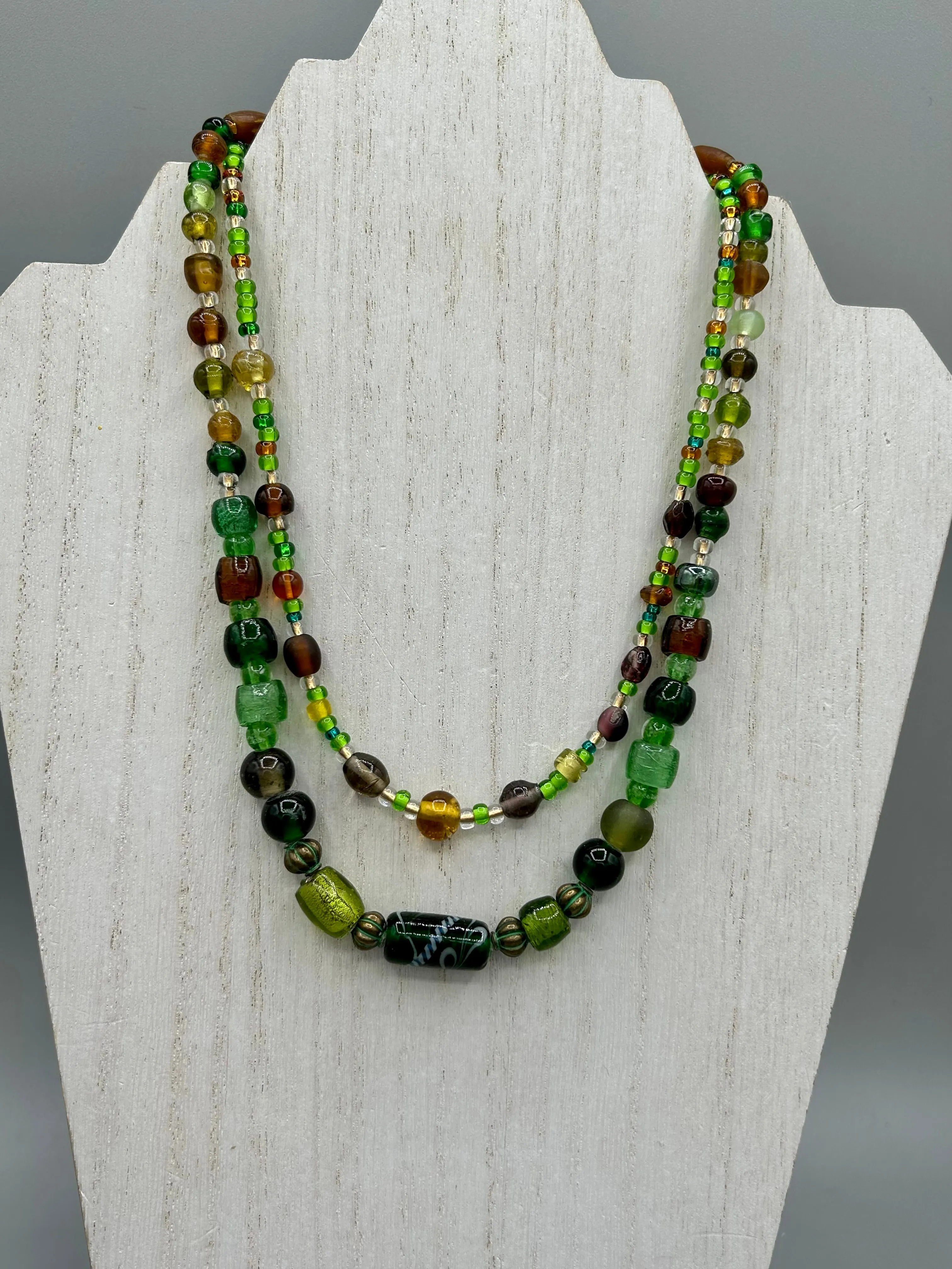 Large And Chunky Hand Beaded Necklace, Shabby Chic, Hippie, Bohemian, Fall Harvest Jewelry, Dark Green And Amber Glass Beads