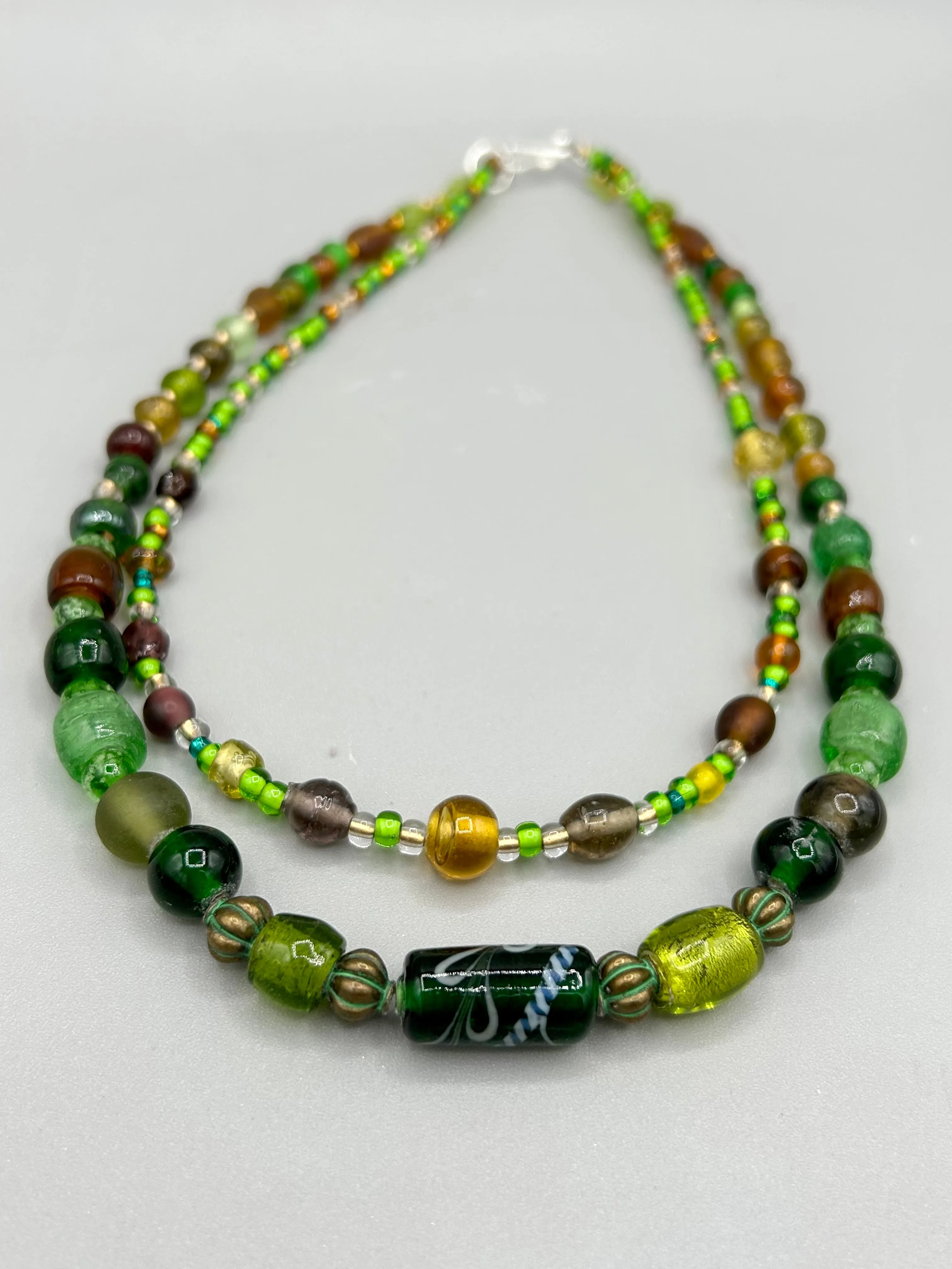 Large And Chunky Hand Beaded Necklace, Shabby Chic, Hippie, Bohemian, Fall Harvest Jewelry, Dark Green And Amber Glass Beads