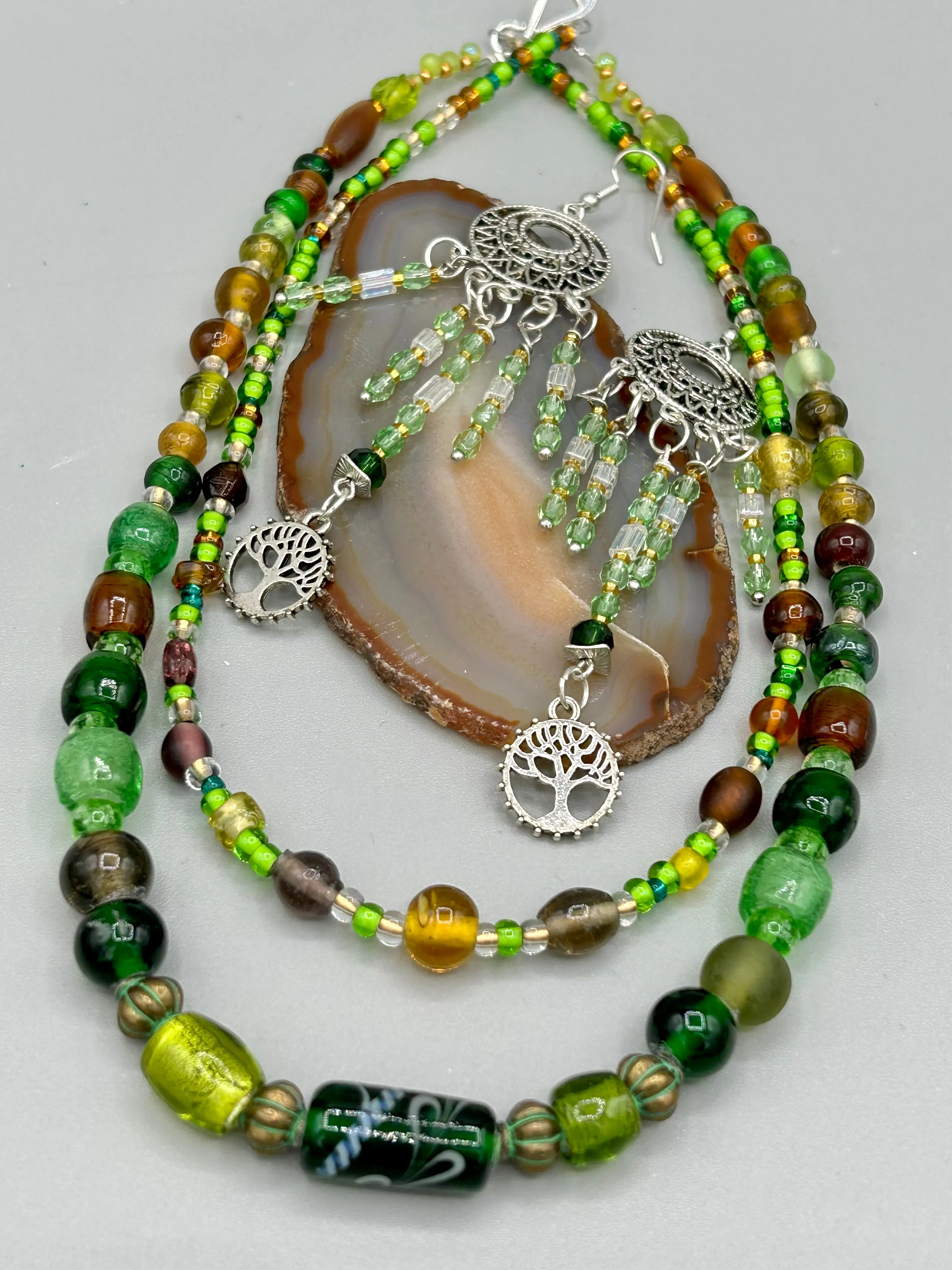 Large And Chunky Hand Beaded Necklace, Shabby Chic, Hippie, Bohemian, Fall Harvest Jewelry, Dark Green And Amber Glass Beads