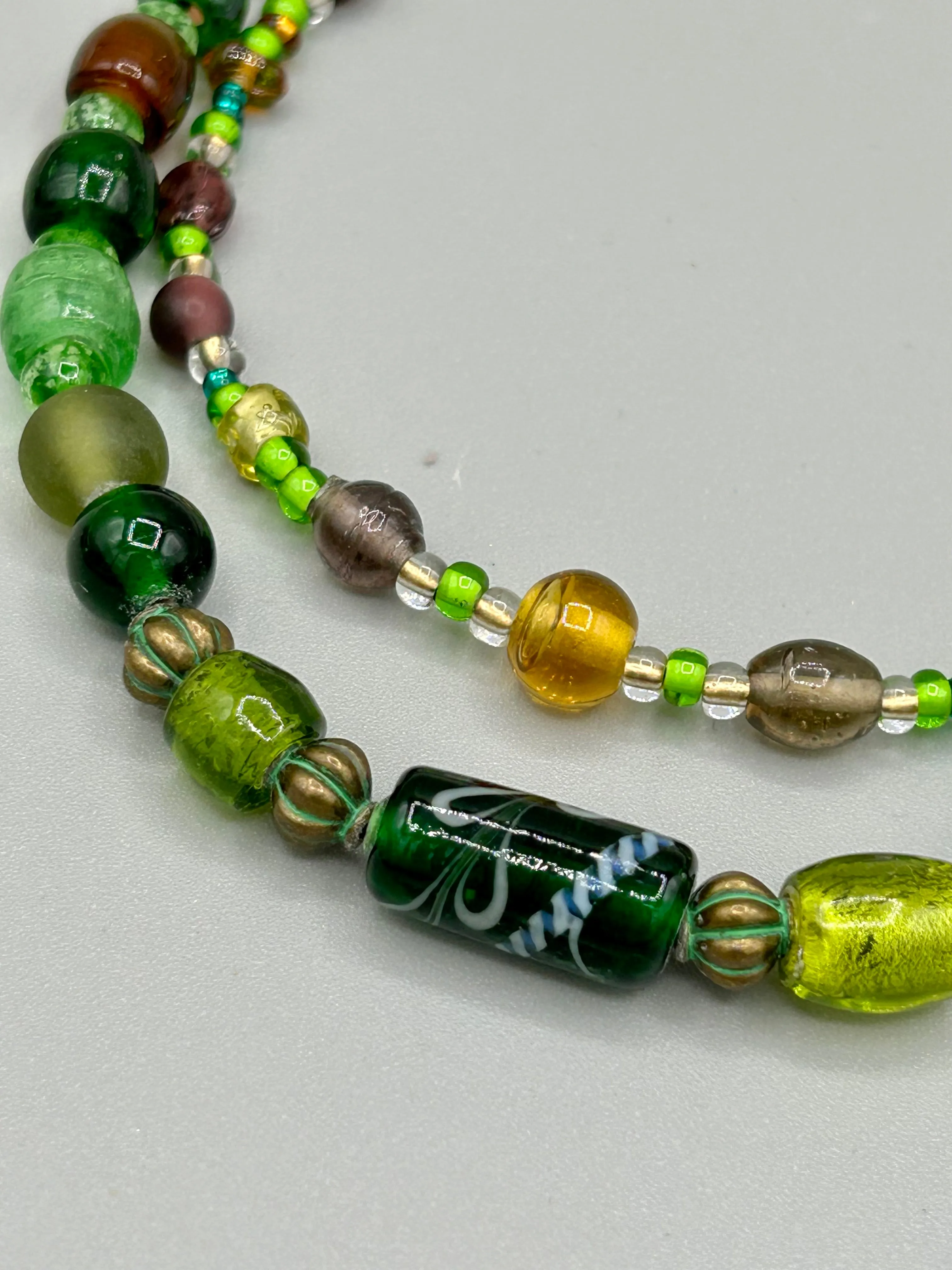 Large And Chunky Hand Beaded Necklace, Shabby Chic, Hippie, Bohemian, Fall Harvest Jewelry, Dark Green And Amber Glass Beads