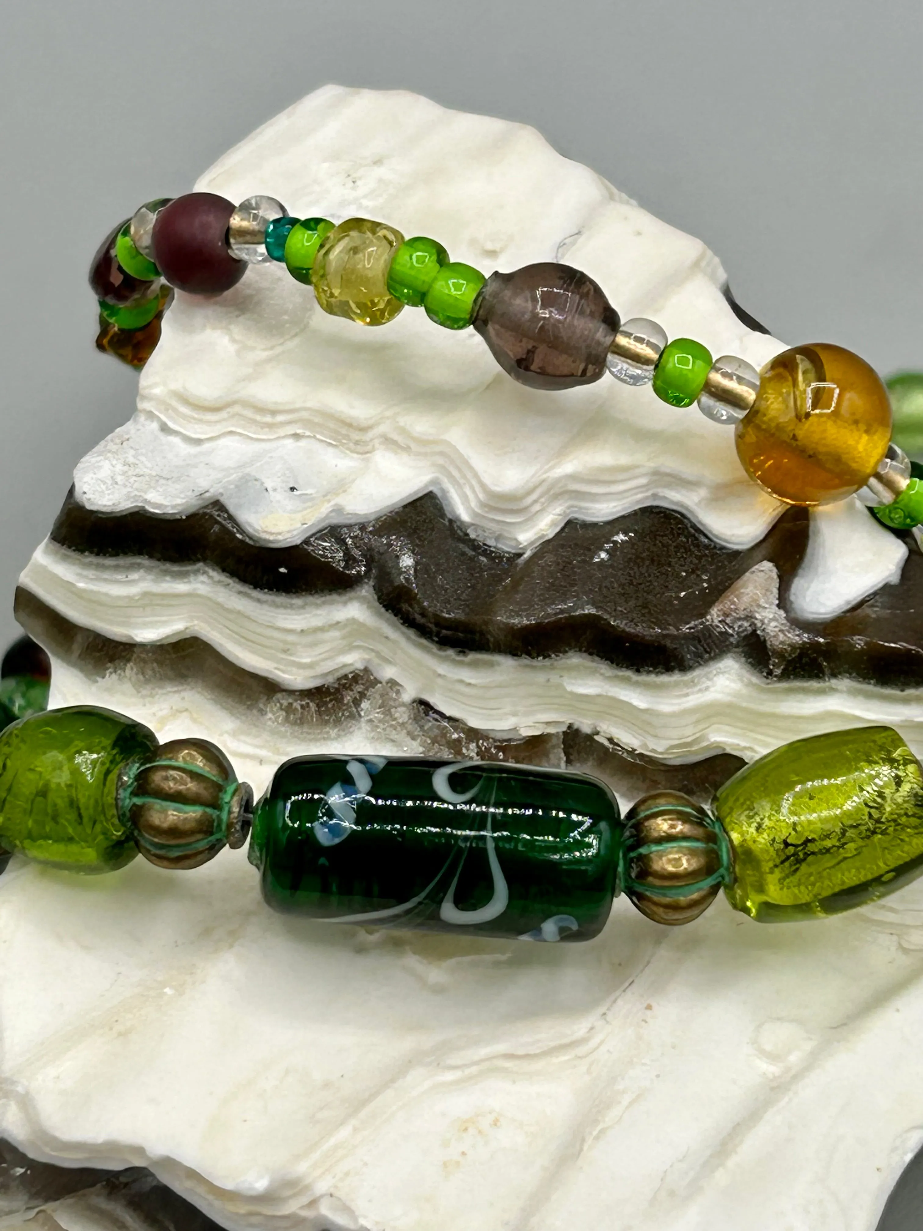 Large And Chunky Hand Beaded Necklace, Shabby Chic, Hippie, Bohemian, Fall Harvest Jewelry, Dark Green And Amber Glass Beads