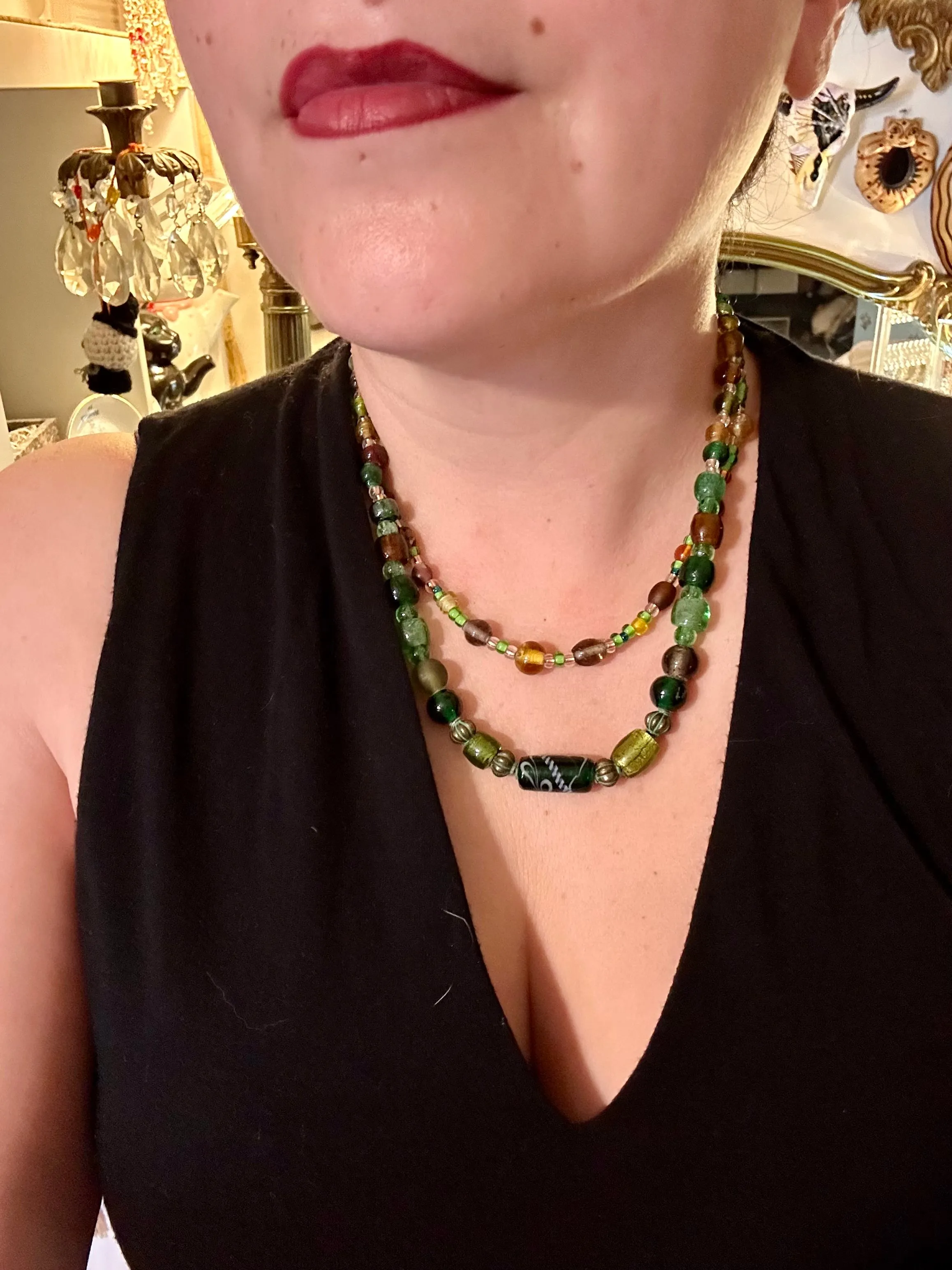 Large And Chunky Hand Beaded Necklace, Shabby Chic, Hippie, Bohemian, Fall Harvest Jewelry, Dark Green And Amber Glass Beads
