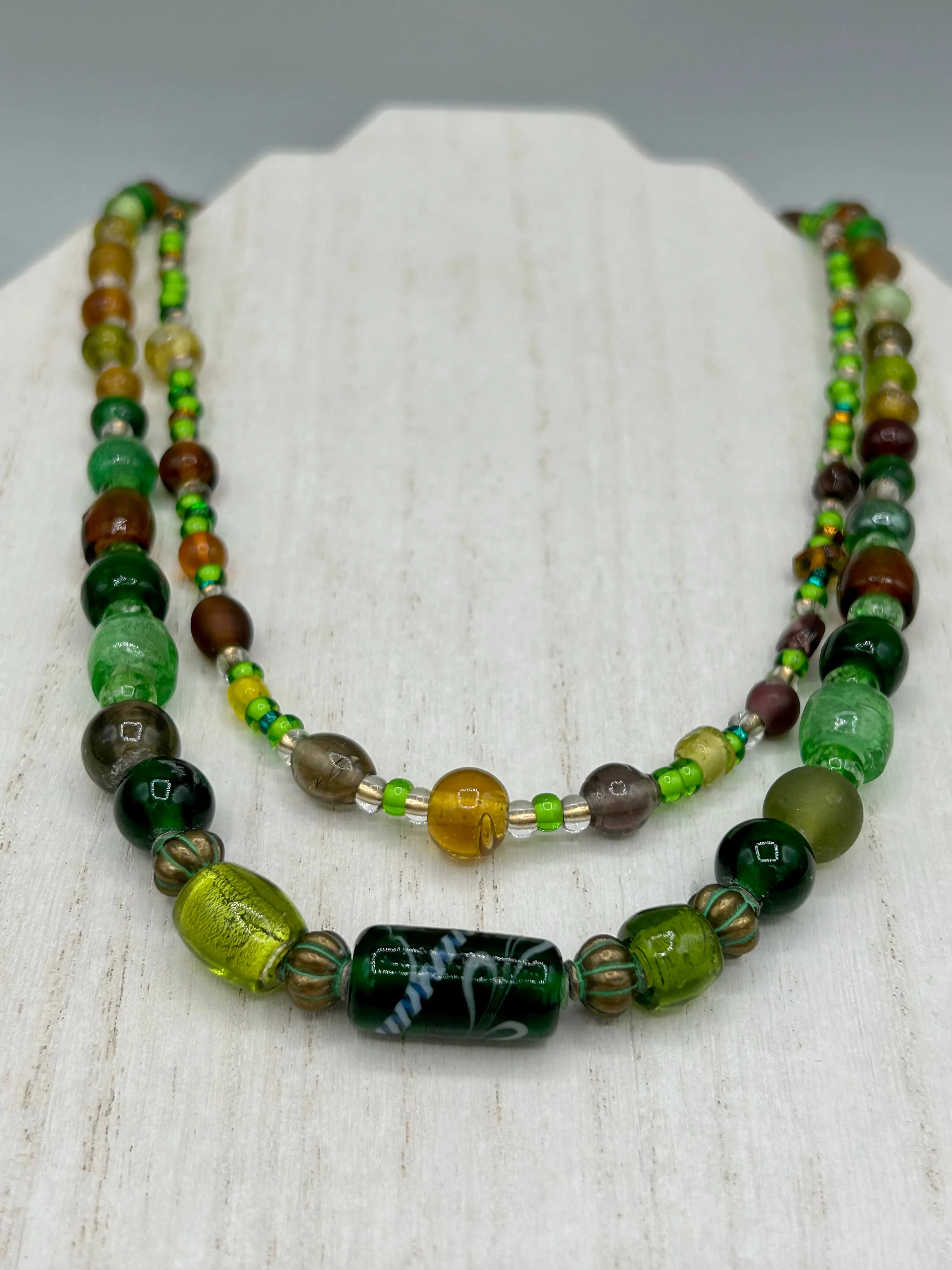 Large And Chunky Hand Beaded Necklace, Shabby Chic, Hippie, Bohemian, Fall Harvest Jewelry, Dark Green And Amber Glass Beads