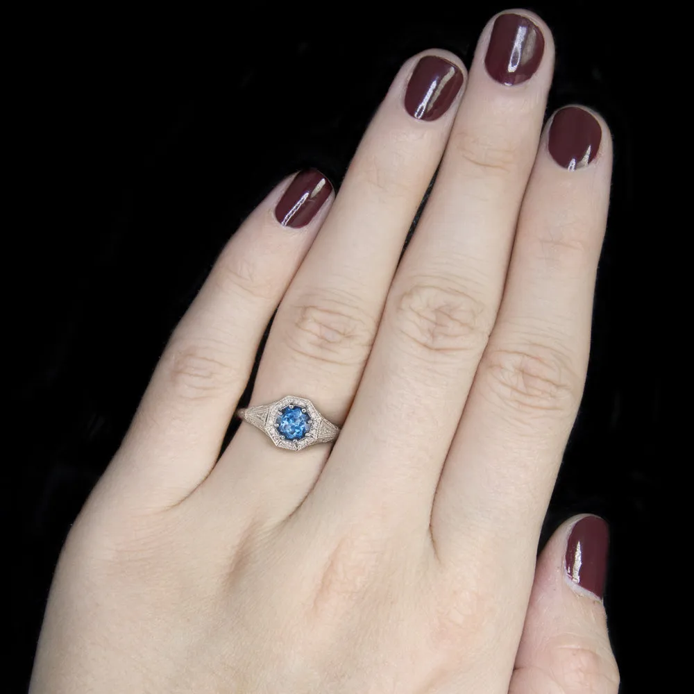 LONDON BLUE TOPAZ DIAMOND RING VINTAGE STYLE HALO WHITE GOLD COCKTAIL PROMISE