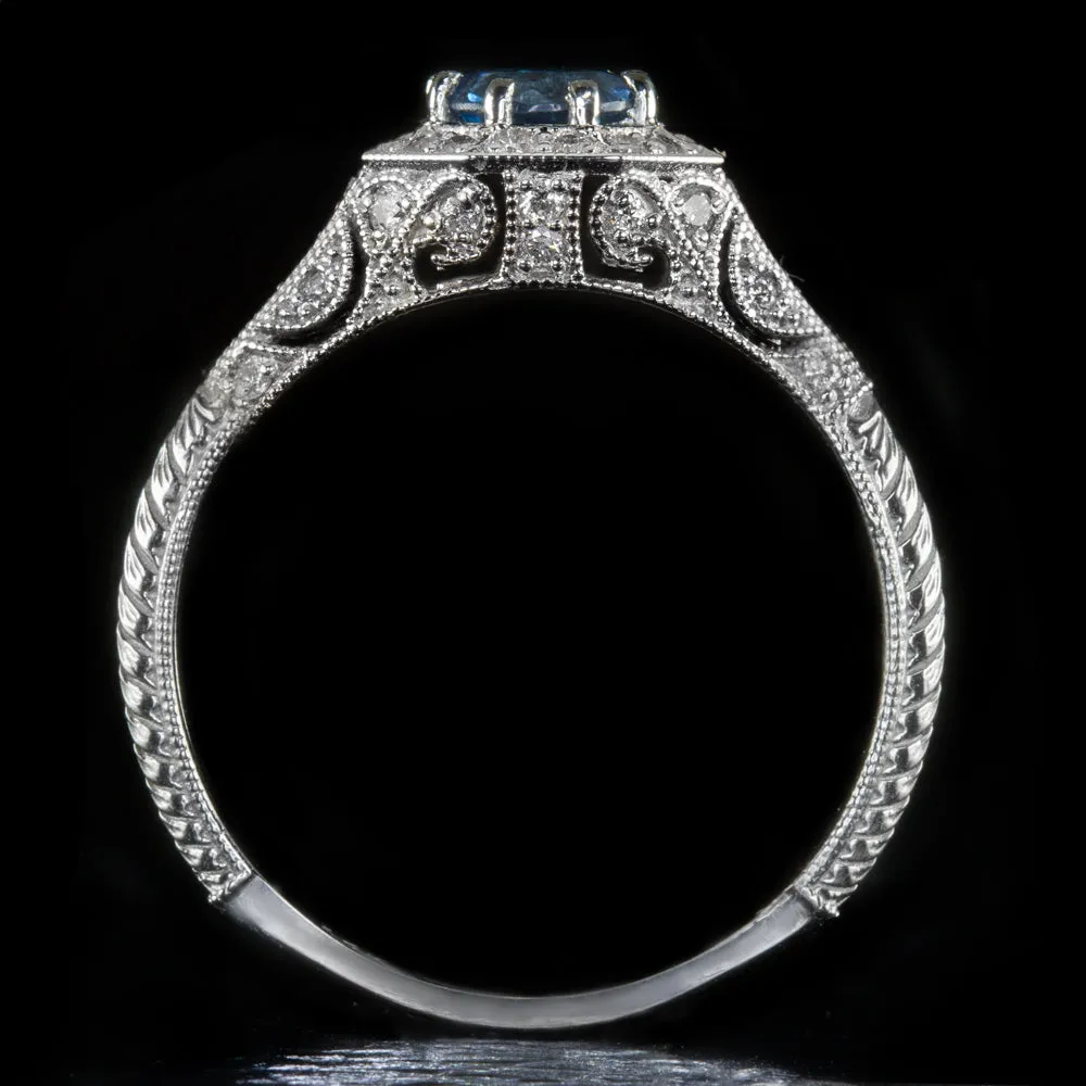 LONDON BLUE TOPAZ DIAMOND RING VINTAGE STYLE HALO WHITE GOLD COCKTAIL PROMISE