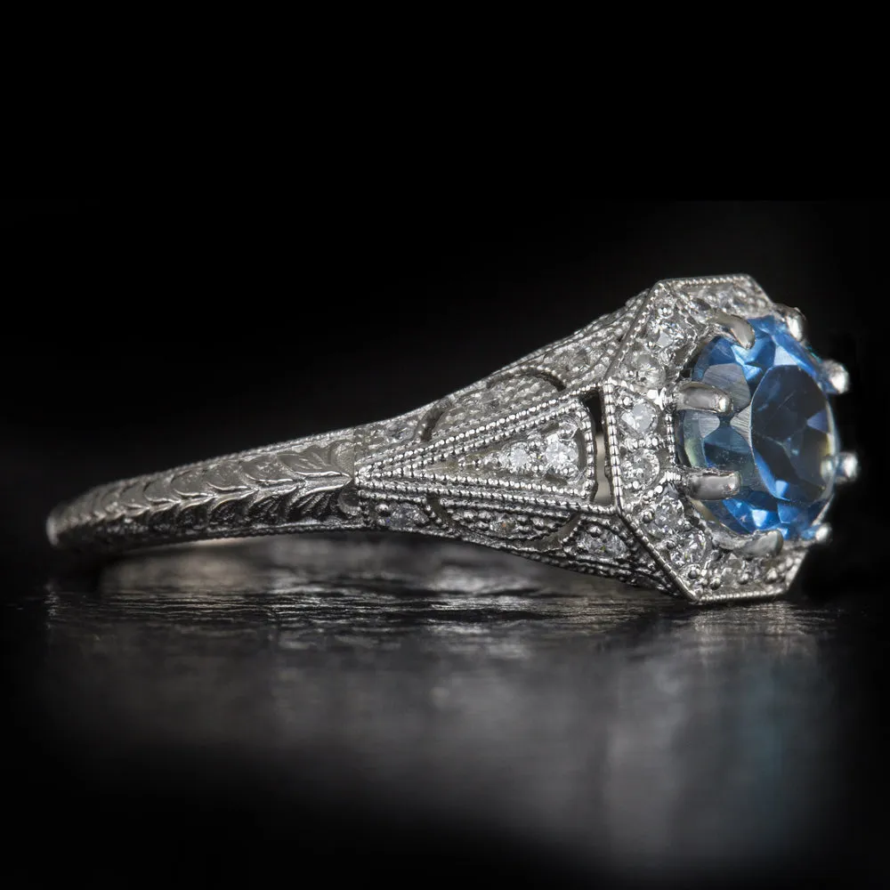LONDON BLUE TOPAZ DIAMOND RING VINTAGE STYLE HALO WHITE GOLD COCKTAIL PROMISE