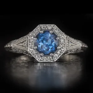 LONDON BLUE TOPAZ DIAMOND RING VINTAGE STYLE HALO WHITE GOLD COCKTAIL PROMISE