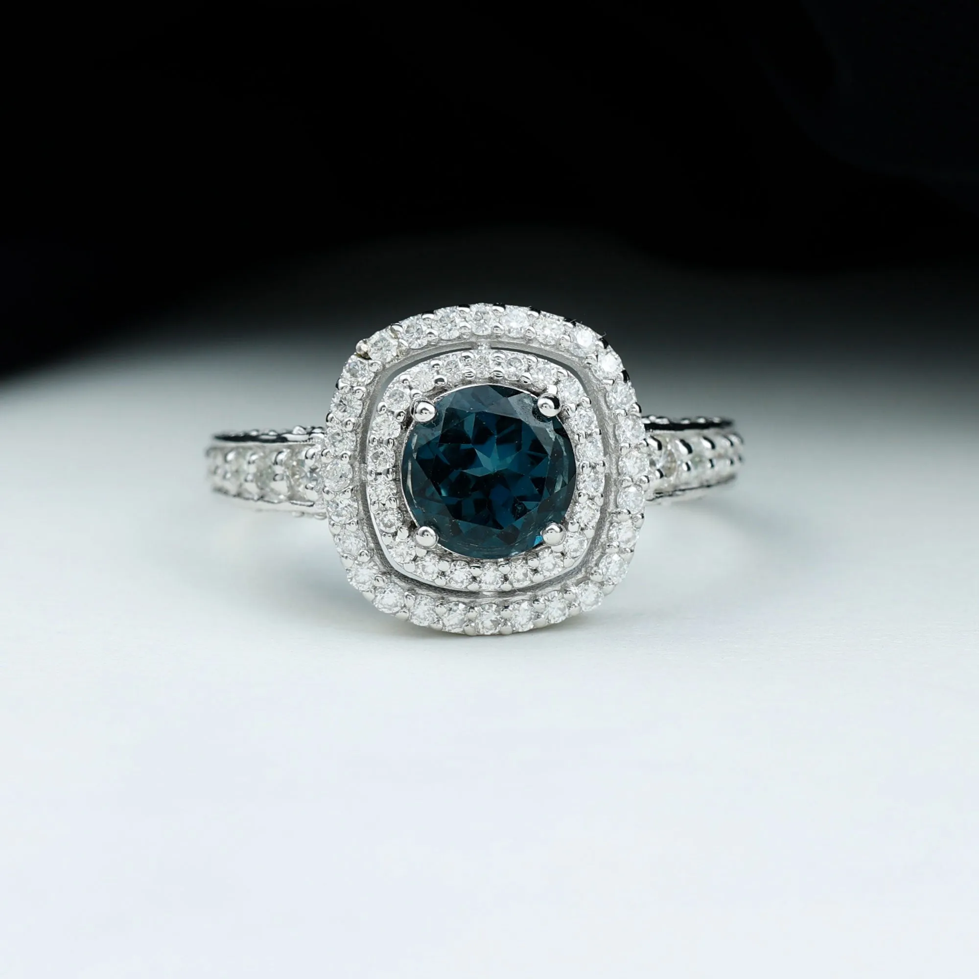 London Blue Topaz Engagement Ring with Moissanite Double Halo