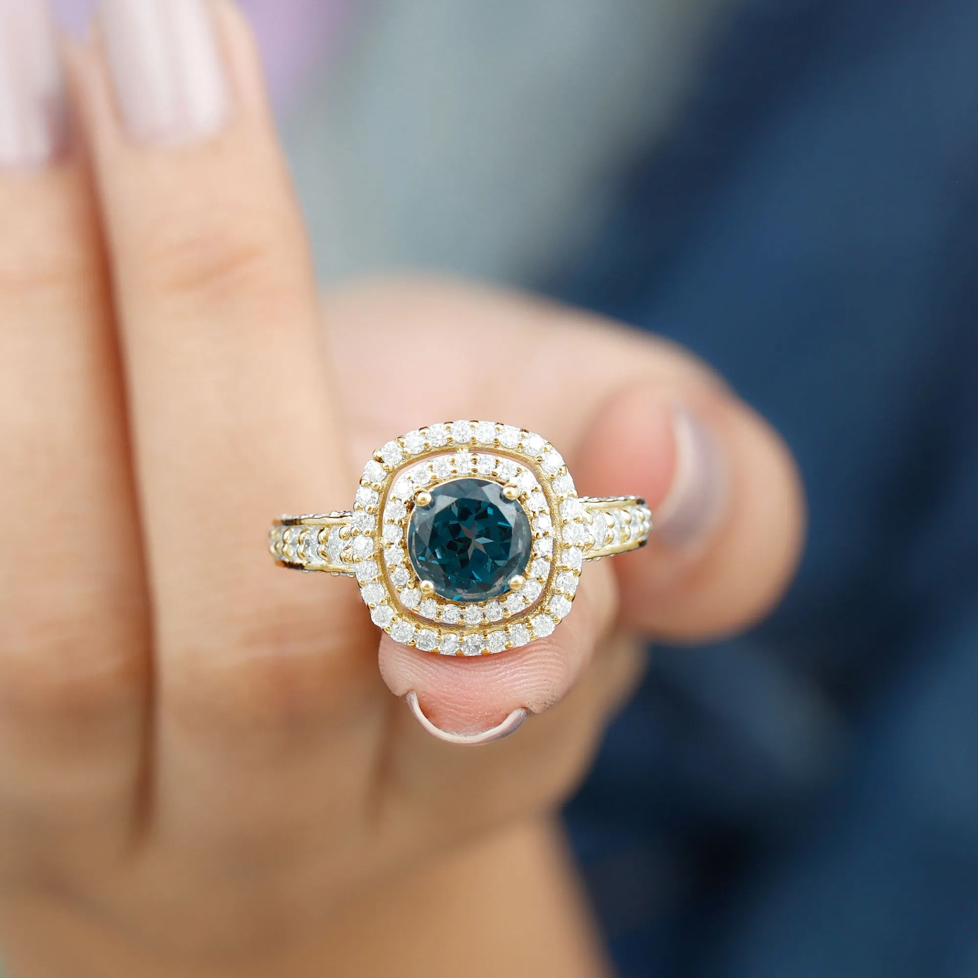 London Blue Topaz Engagement Ring with Moissanite Double Halo
