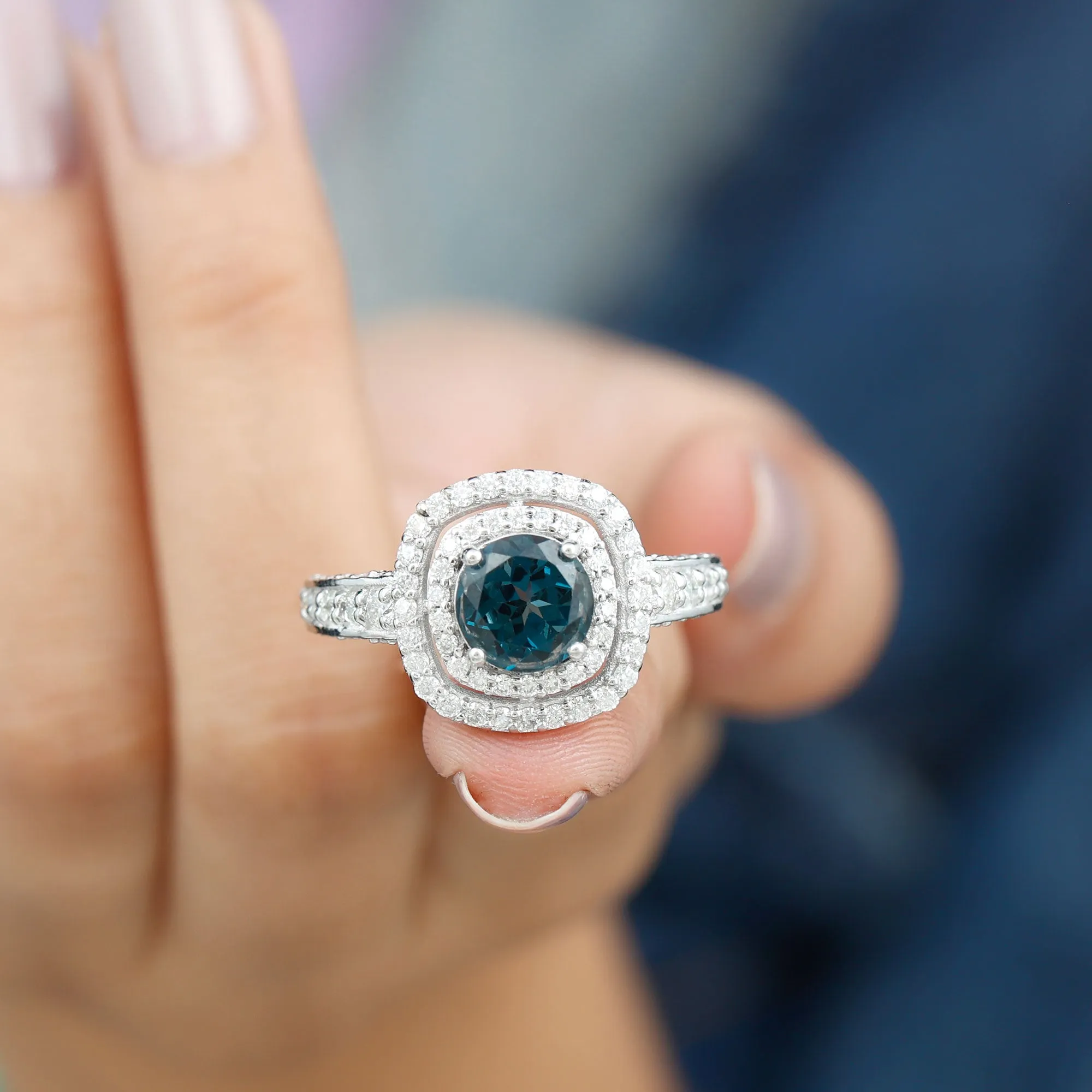 London Blue Topaz Engagement Ring with Moissanite Double Halo