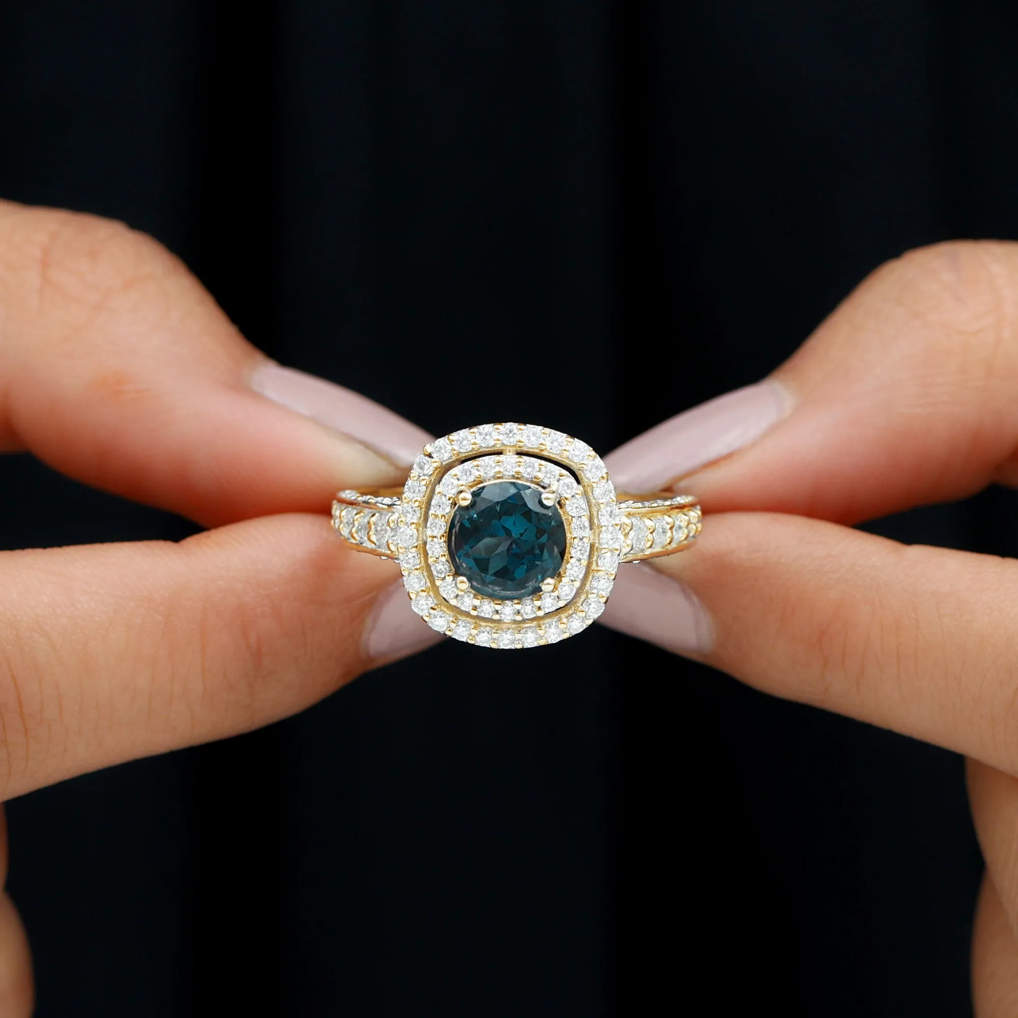 London Blue Topaz Engagement Ring with Moissanite Double Halo