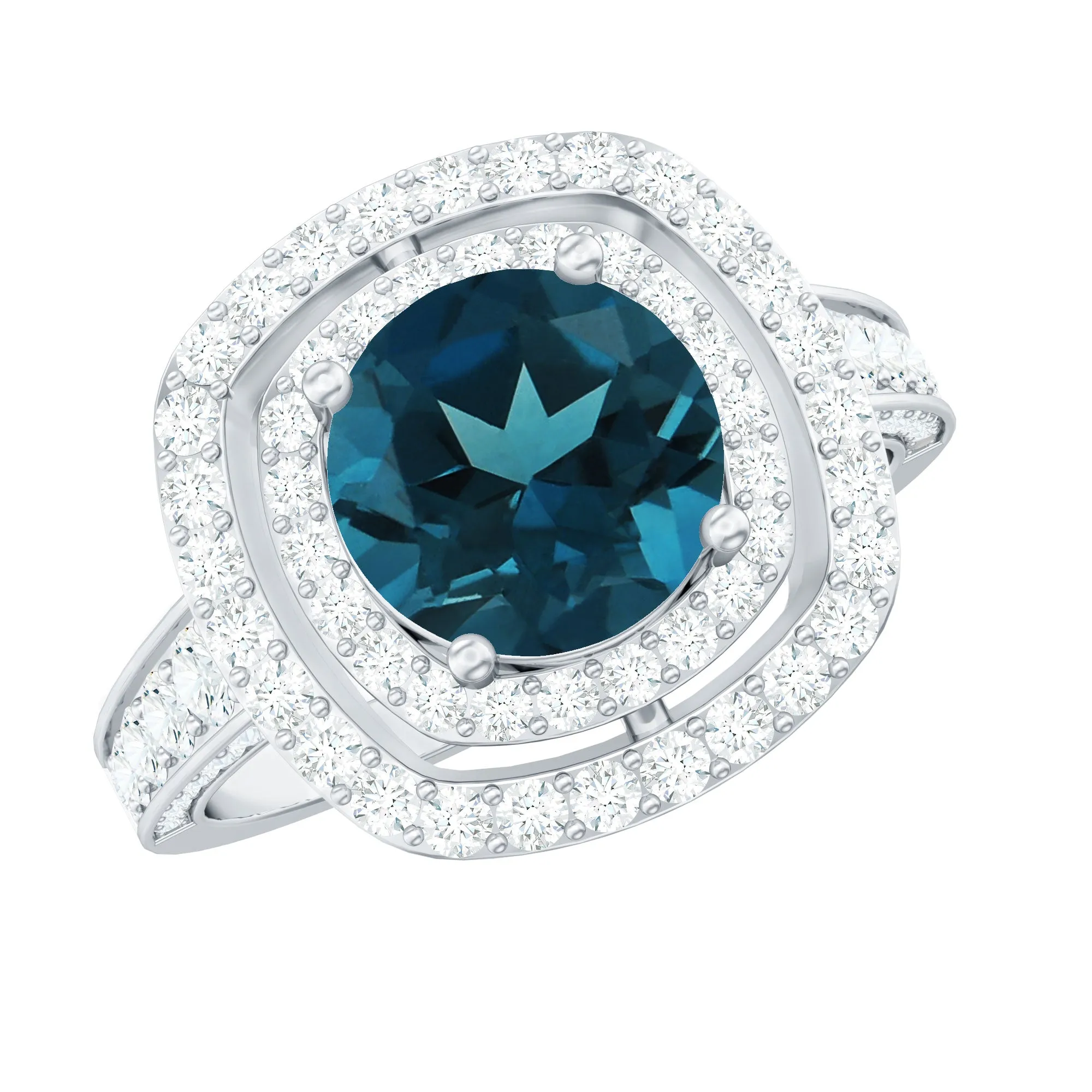 London Blue Topaz Engagement Ring with Moissanite Double Halo