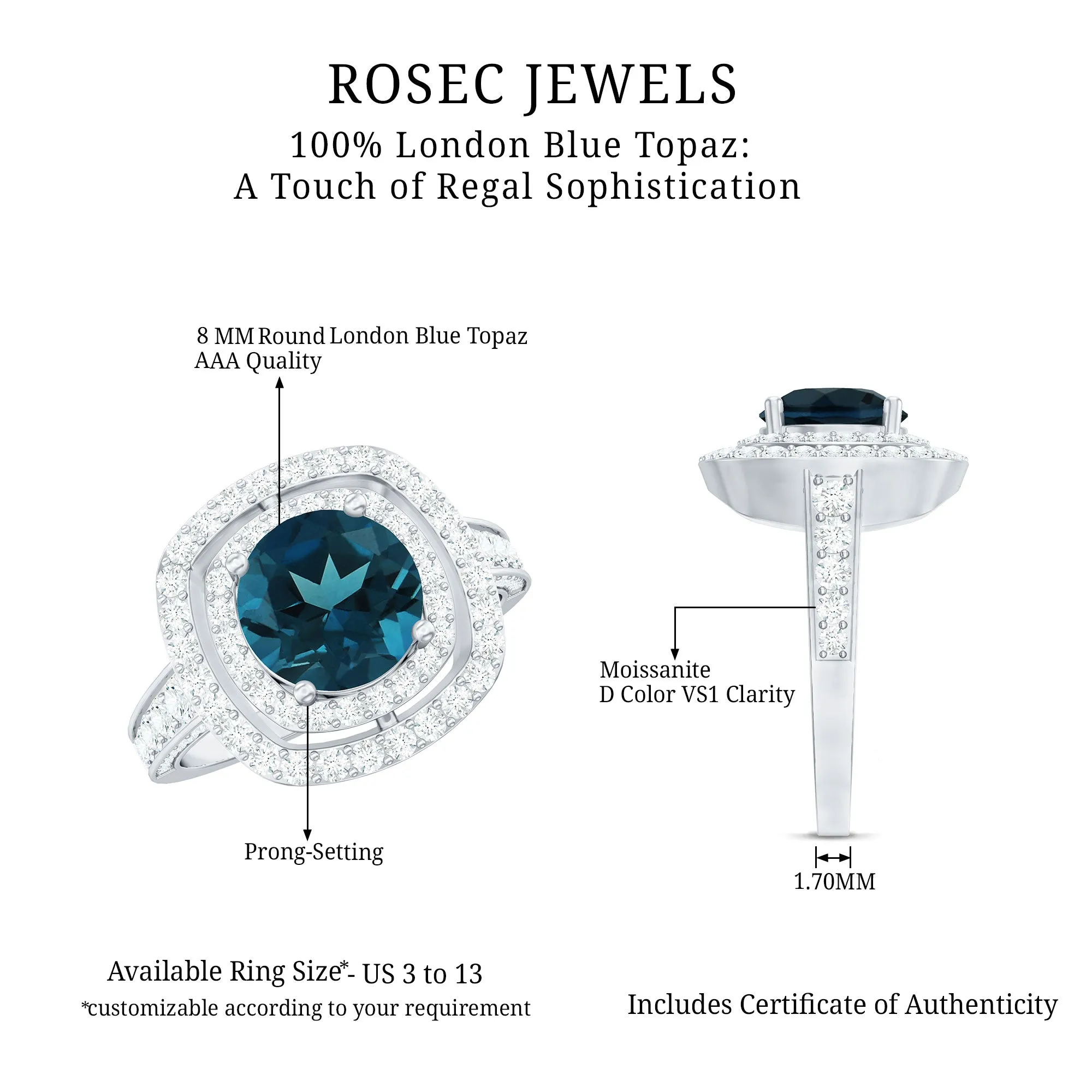 London Blue Topaz Engagement Ring with Moissanite Double Halo