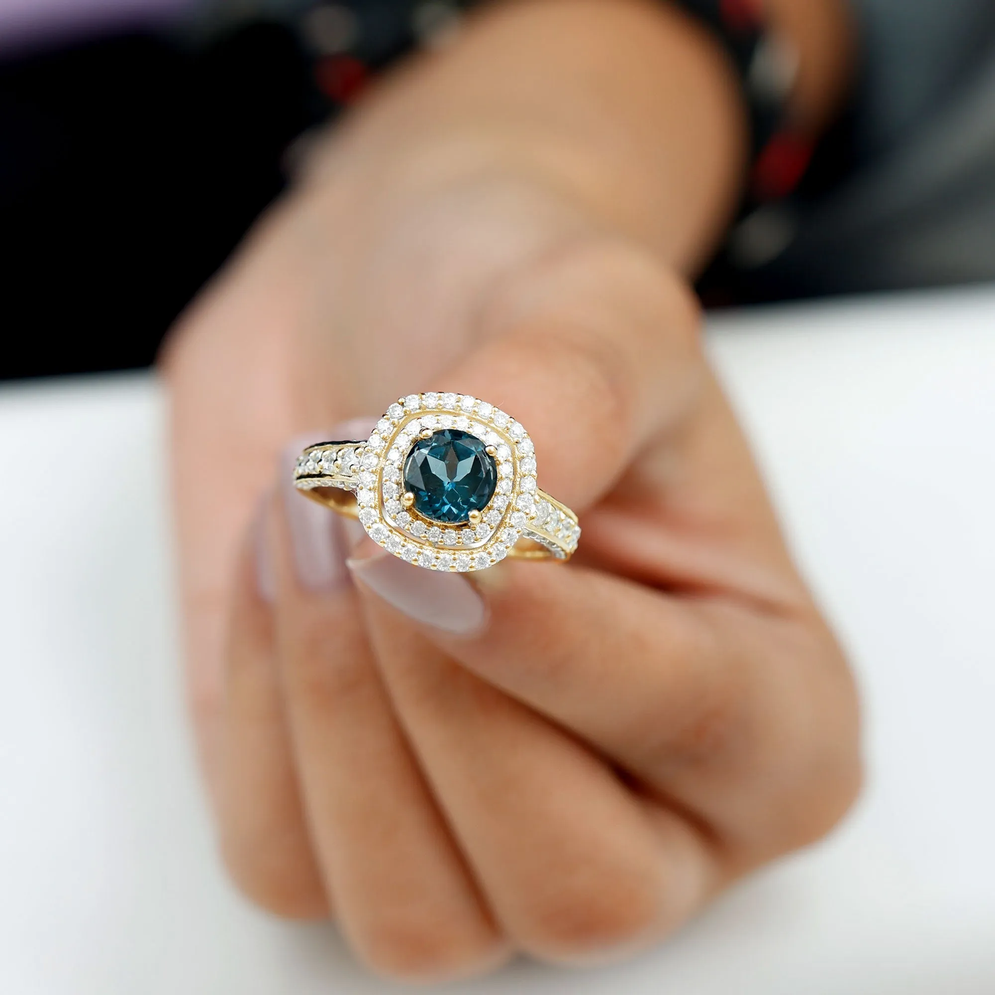 London Blue Topaz Engagement Ring with Moissanite Double Halo
