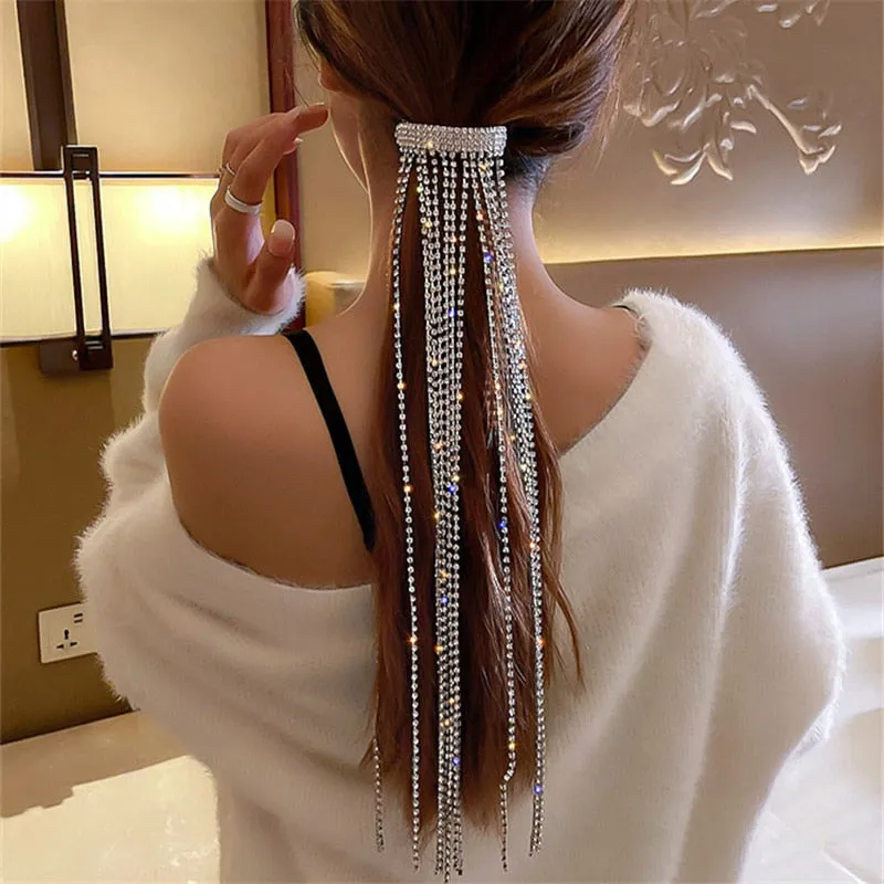 Long Tassel Hairclip | Tassel Hairpin | Rhinestone Bling Long Tassel Clip | Hairpin for Women | Crystal Pony Tail Holder | Weddings Jewelry