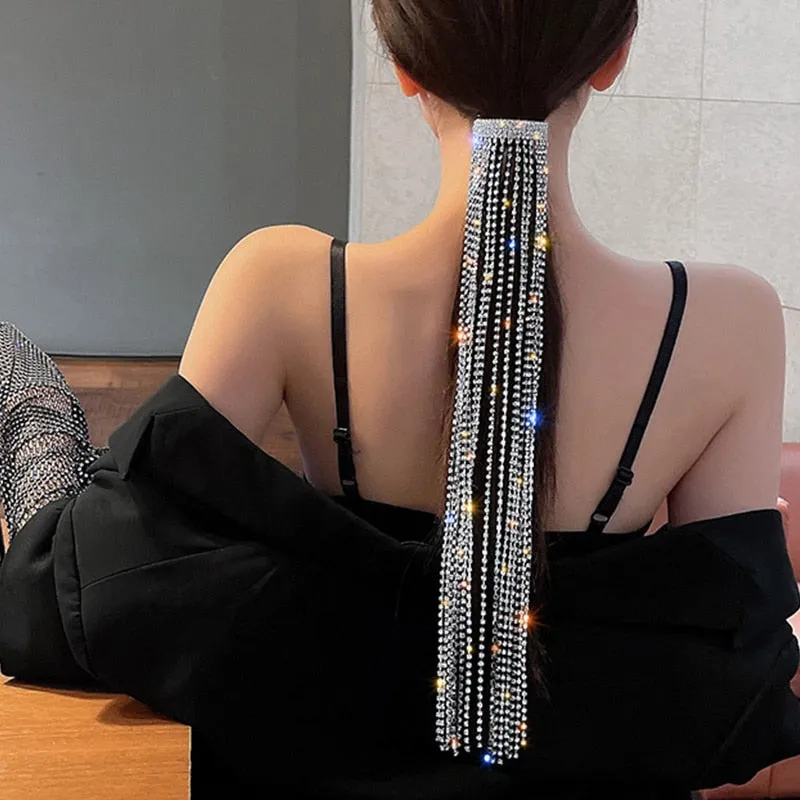 Long Tassel Hairclip | Tassel Hairpin | Rhinestone Bling Long Tassel Clip | Hairpin for Women | Crystal Pony Tail Holder | Weddings Jewelry