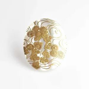 Maki-e Urushi Lacquer Brooch - White South Sea Pearl Shell / Chrysanthemum and Flowing Water -, Traditional Japanese Urushi Lacquer Jewelry