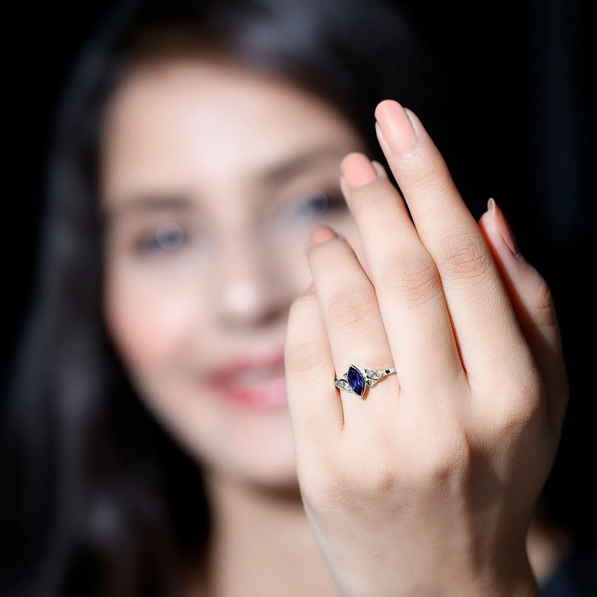 Marquise Cut Created Blue Sapphire Solitaire Celtic Knot Ring in Bezel Setting
