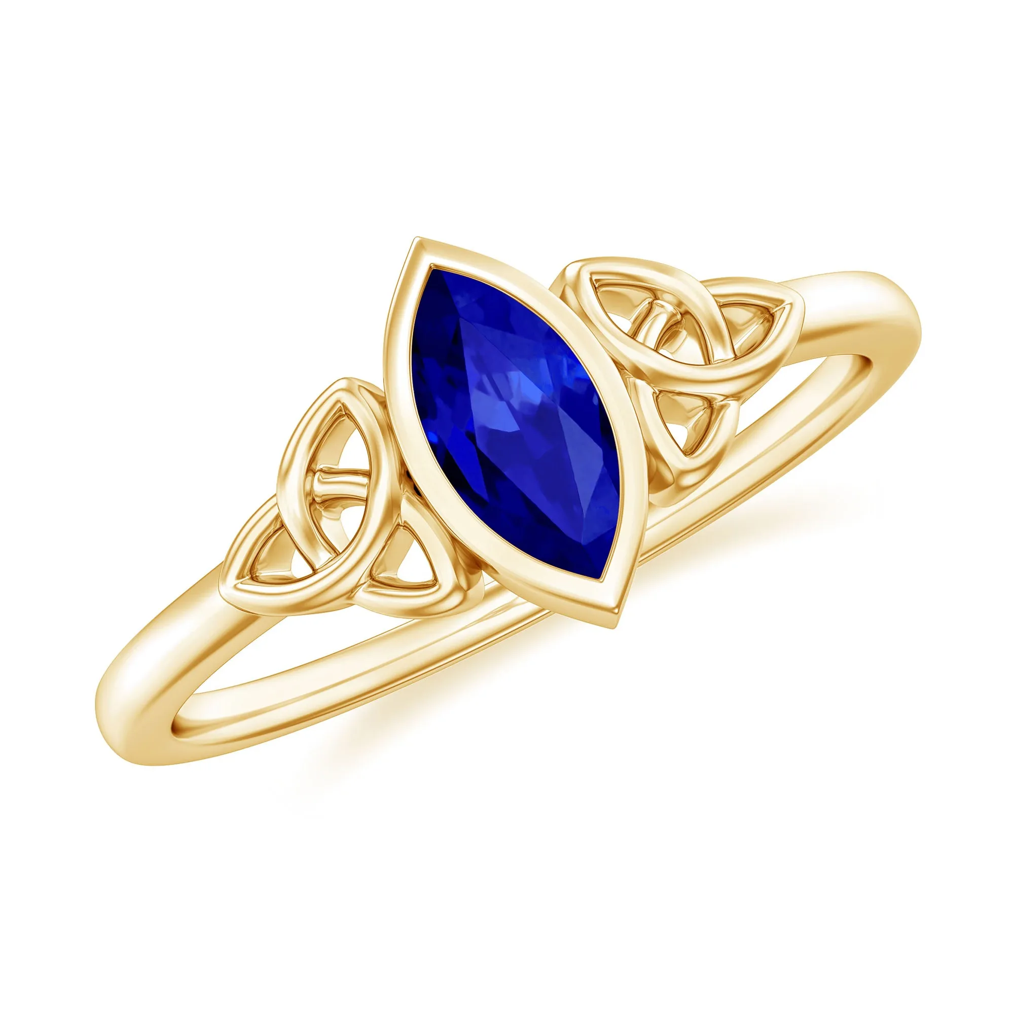 Marquise Cut Created Blue Sapphire Solitaire Celtic Knot Ring in Bezel Setting