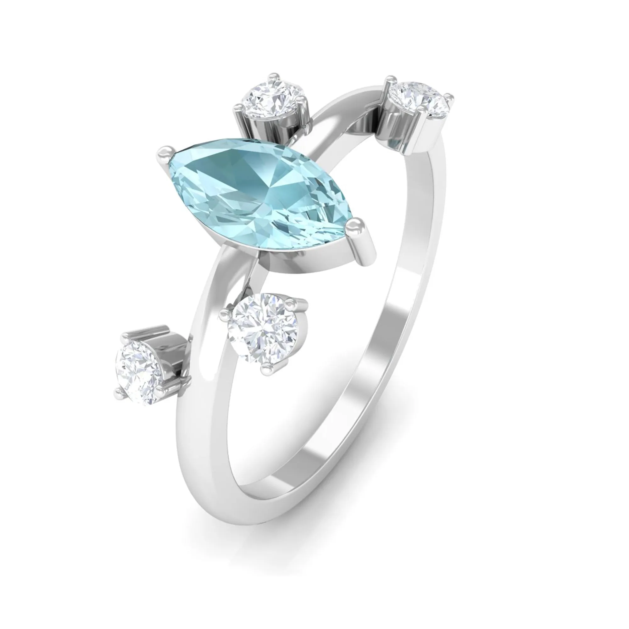 Marquise Cut Solitaire Sky Blue Topaz Ring with Scatter Diamond