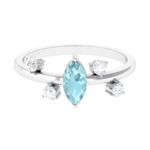 Marquise Cut Solitaire Sky Blue Topaz Ring with Scatter Diamond