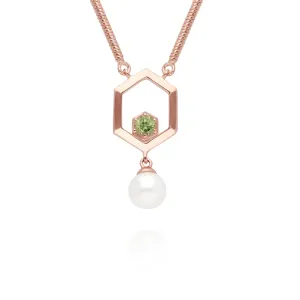 Moderne Perle & Peridot Hexagon Tropfen Halskette in Rose Vergoldetem Sterling Silber
