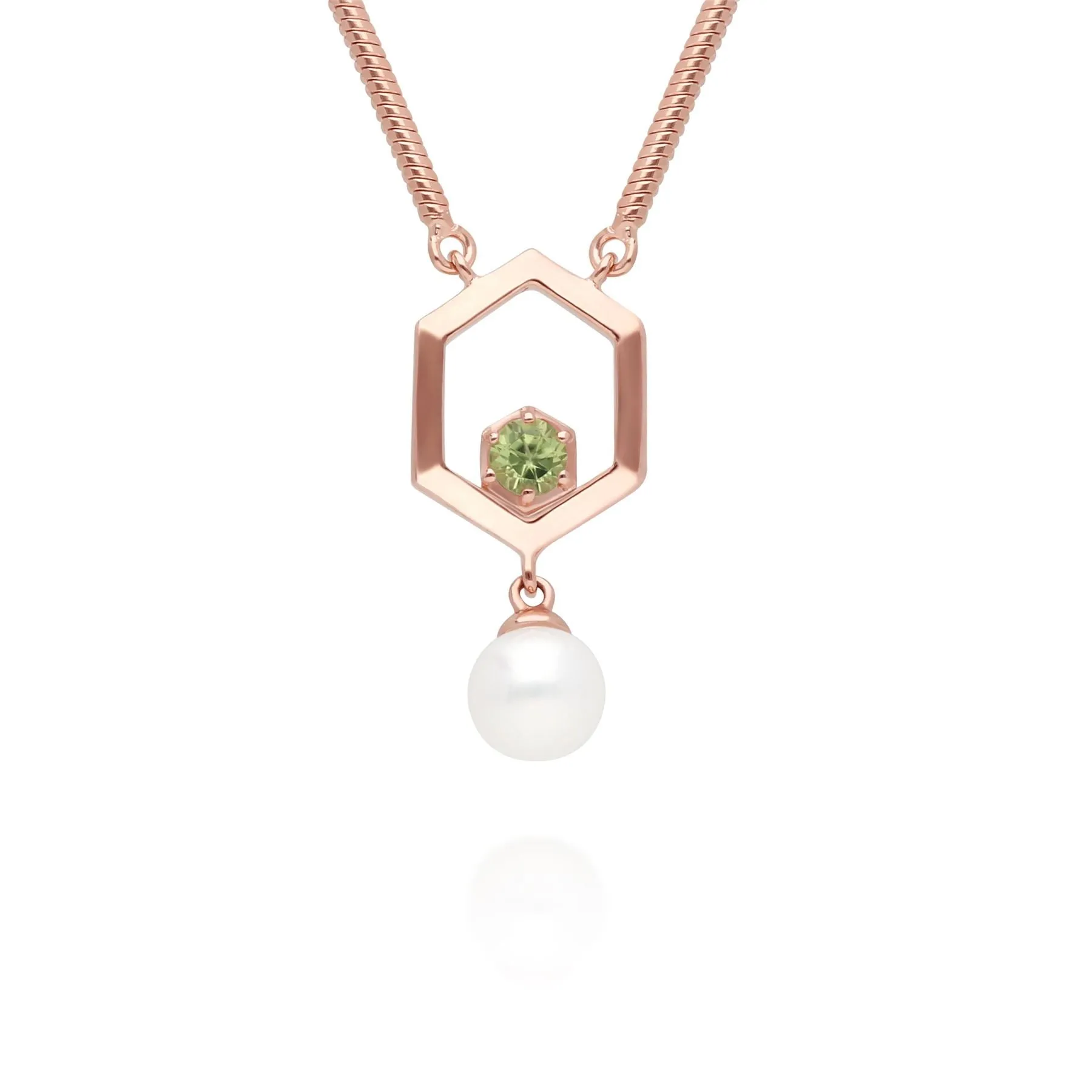 Moderne Perle & Peridot Hexagon Tropfen Halskette in Rose Vergoldetem Sterling Silber
