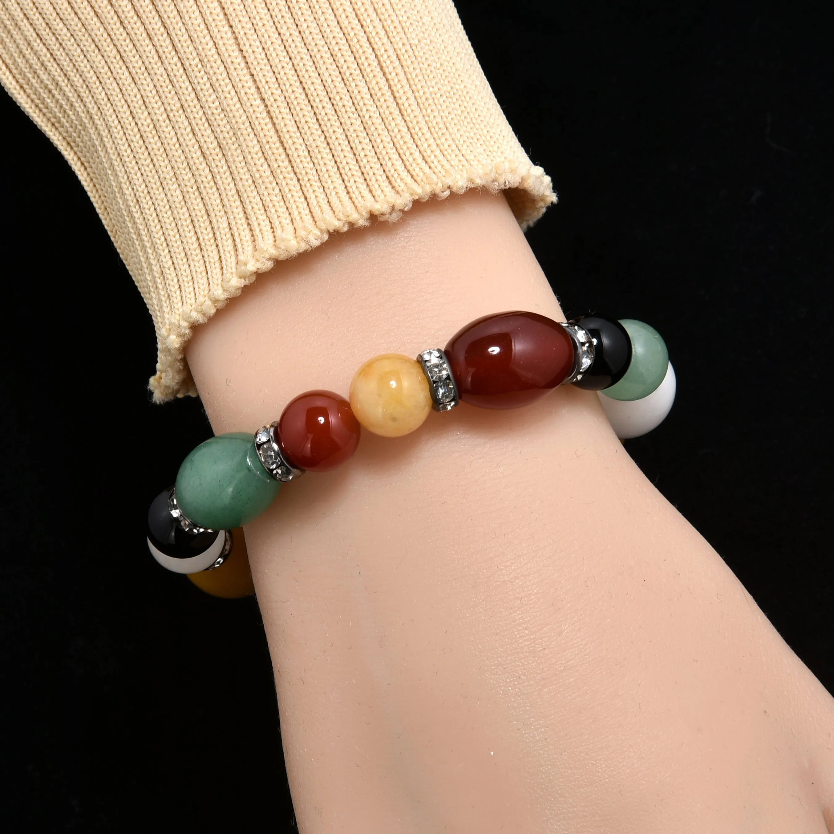 Multi Gemstone with Crystal Accent 10mm Beads Elastic Bracelet