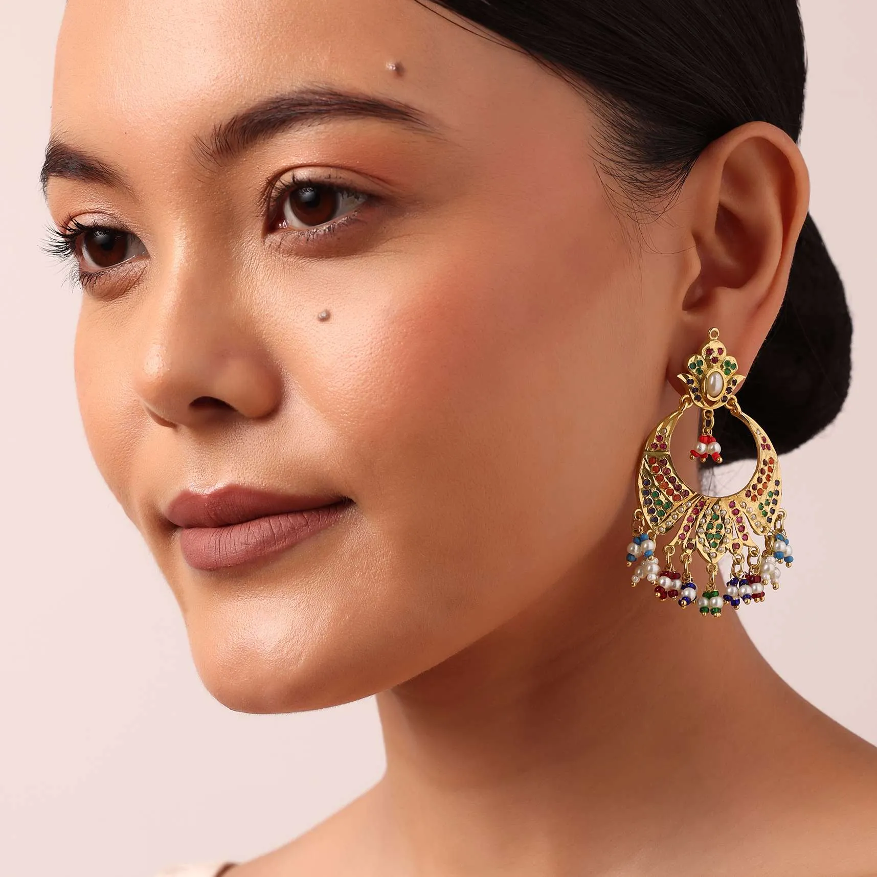 Multi Tone Kundan Chandbalis With Multi Beads