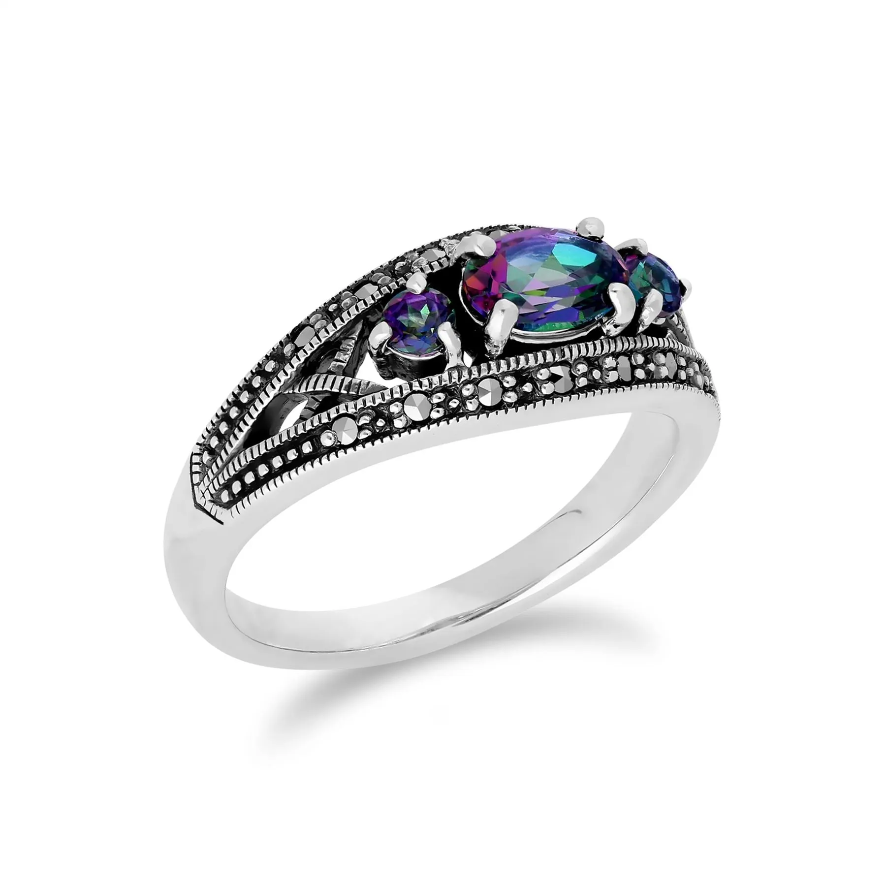 Mystischer Grün Topas Ring, Sterlingsilber dreifach Mystischer Grün Topas & Markasit Ring