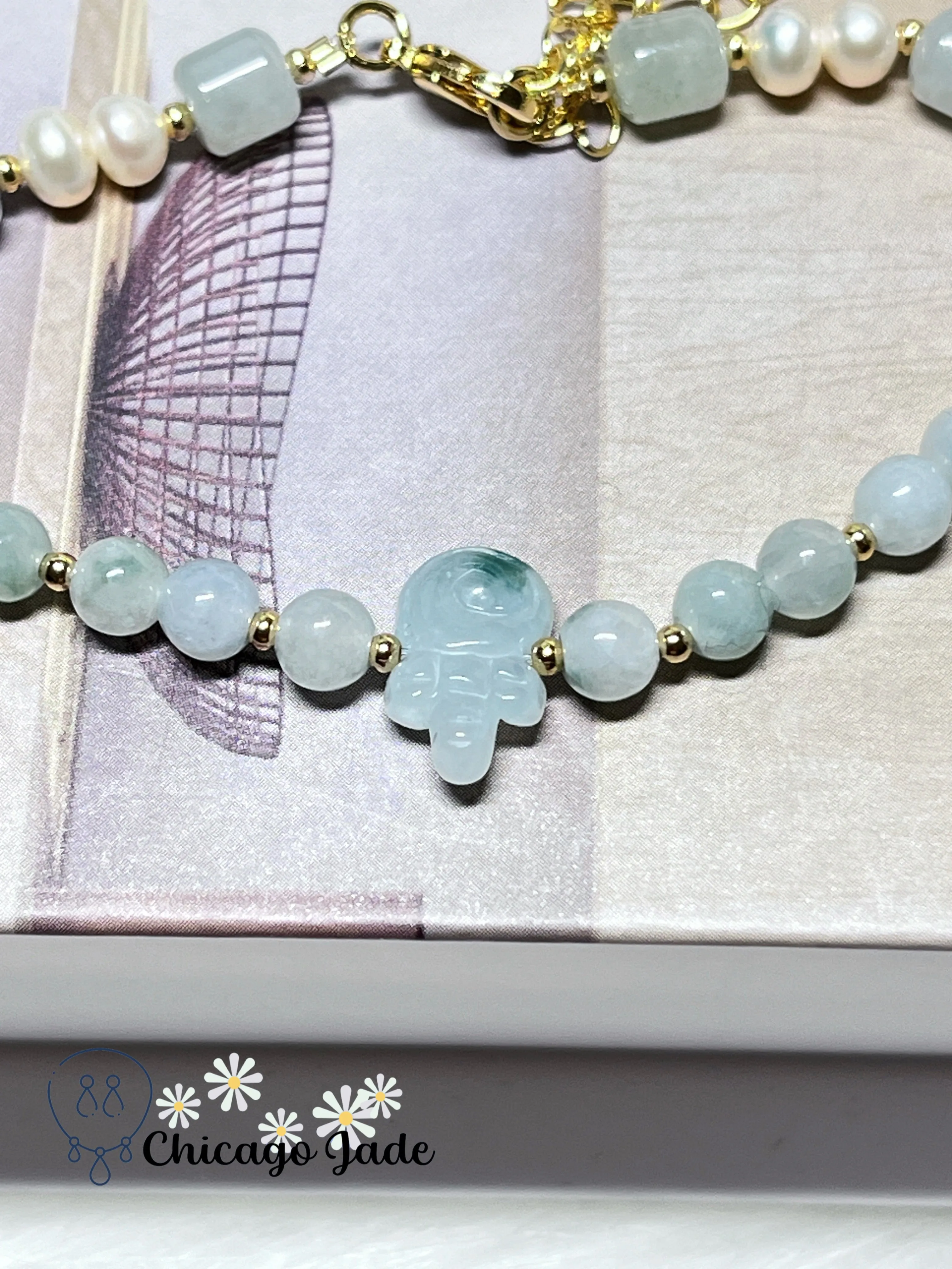Natural Freshwater Pearl with Natural Untreated Burma Jadeite Jade Feicui Beaded Bracelet
