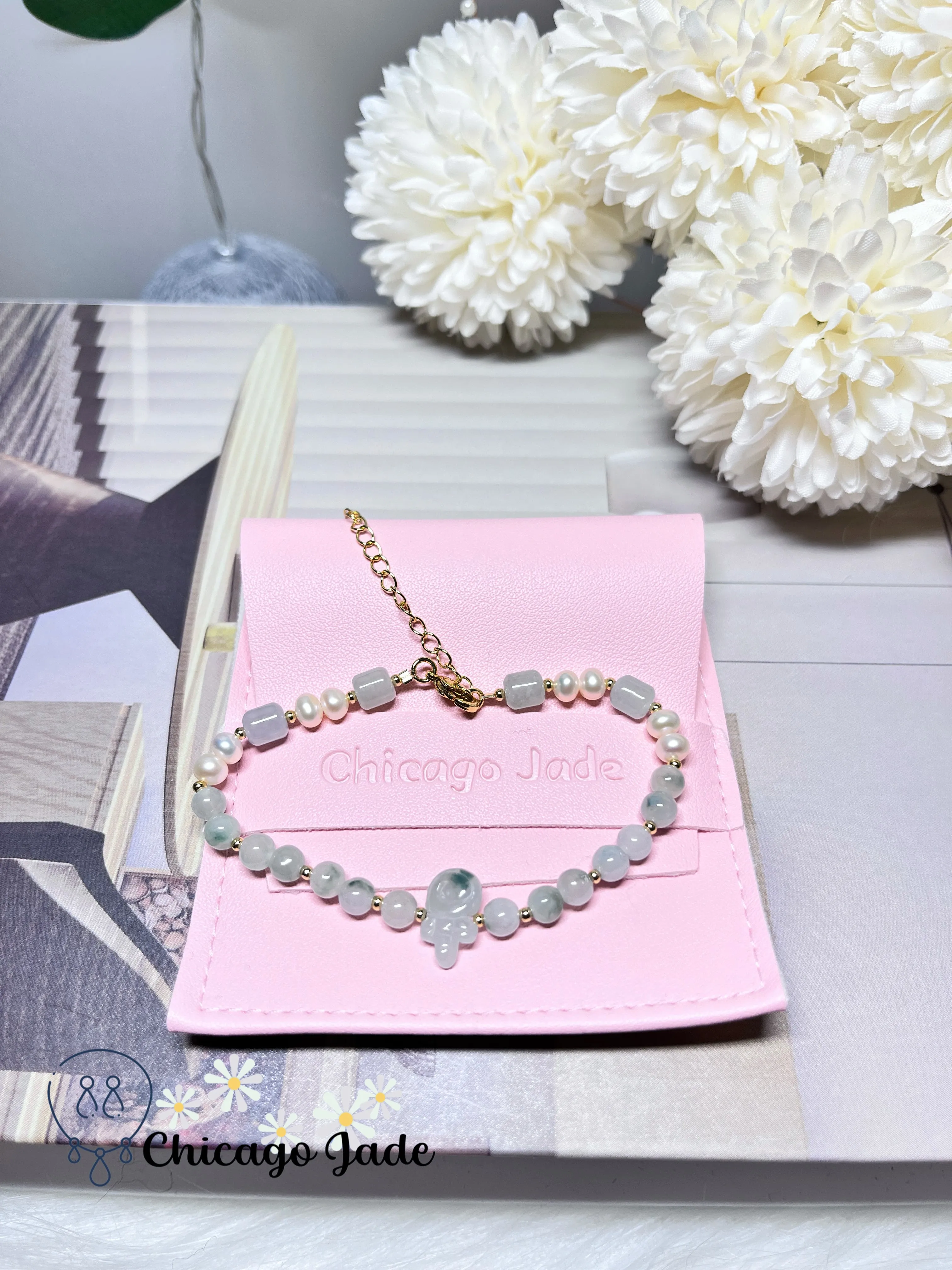 Natural Freshwater Pearl with Natural Untreated Burma Jadeite Jade Feicui Beaded Bracelet
