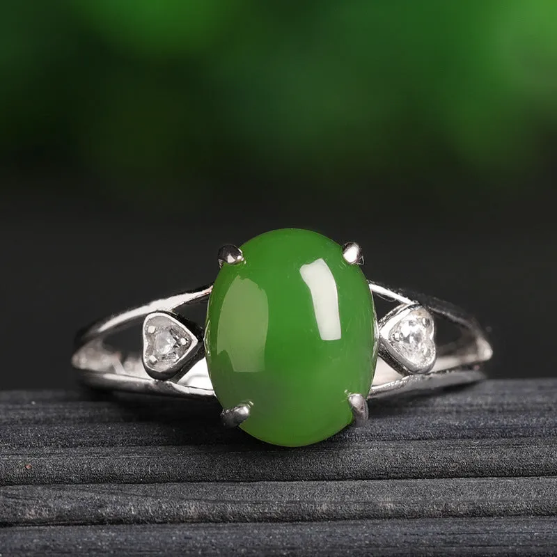 Natural Jade Ring Nephrite Silver Zircon Adjustable Ring ZNRG151