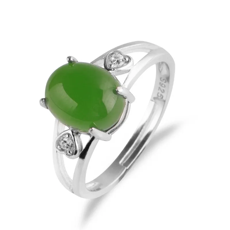 Natural Jade Ring Nephrite Silver Zircon Adjustable Ring ZNRG151