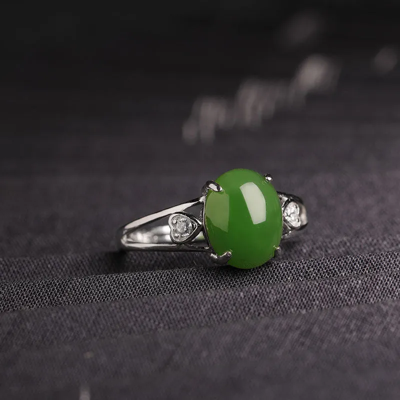 Natural Jade Ring Nephrite Silver Zircon Adjustable Ring ZNRG151