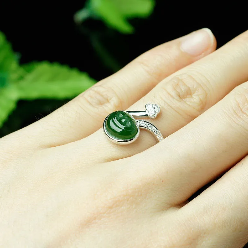 Natural Jade Ring Nephrite Silver Zircon Ruyi Adjustable Ring ZNRG107