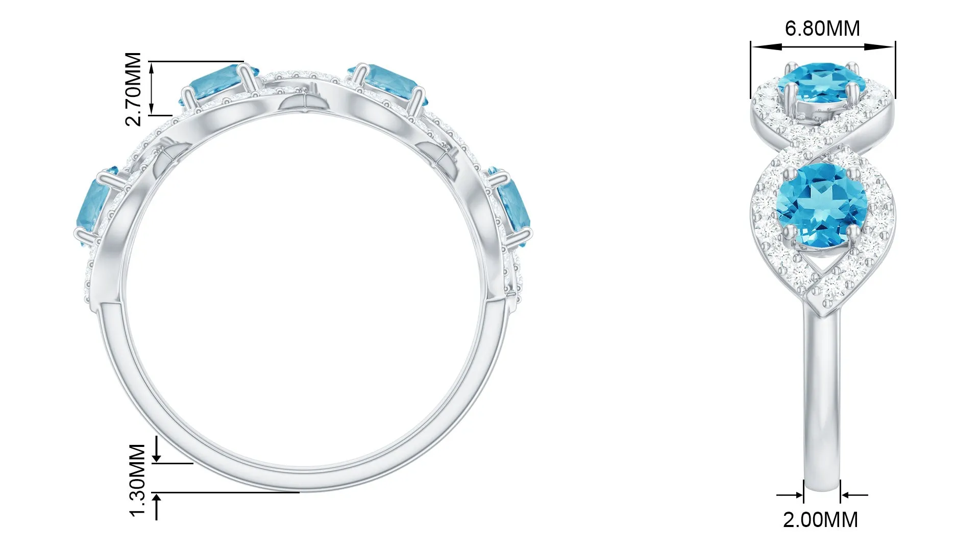 Natural Swiss Blue Topaz Half Eternity Ring with Diamond