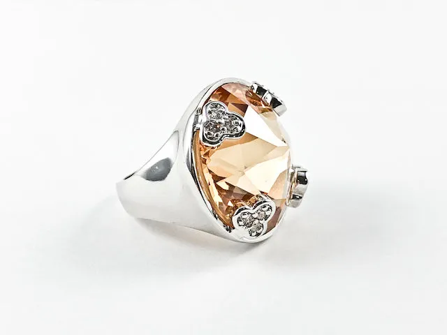 Nice Large Round Center Topaz Color CZ With Tiny Bezel CZs Edge Brass Ring