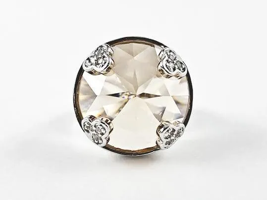Nice Large Round Center Topaz Color CZ With Tiny Bezel CZs Edge Brass Ring