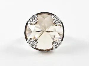 Nice Large Round Center Topaz Color CZ With Tiny Bezel CZs Edge Brass Ring