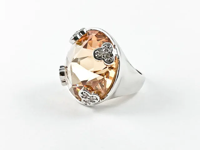 Nice Large Round Center Topaz Color CZ With Tiny Bezel CZs Edge Brass Ring