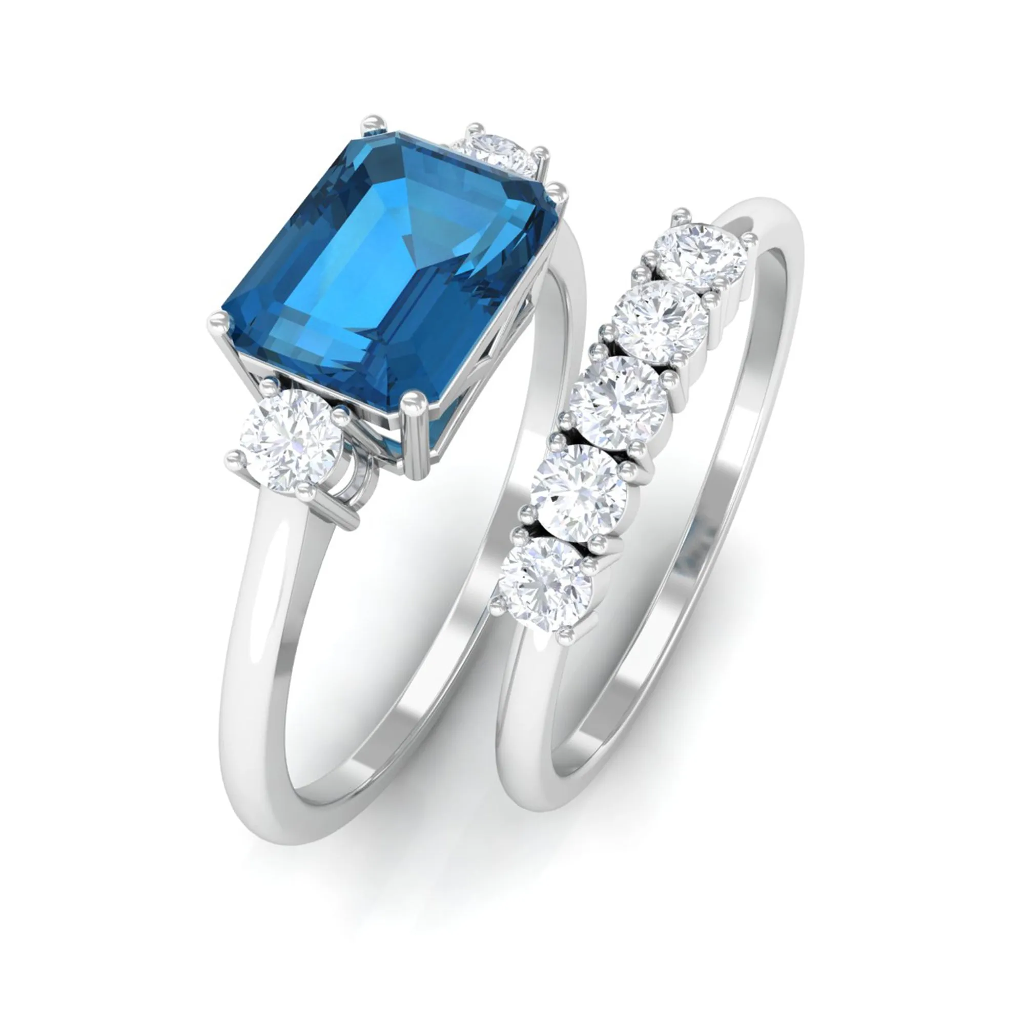 Octagon Cut London Blue Topaz Contemporary Wedding Ring Set with Diamond
