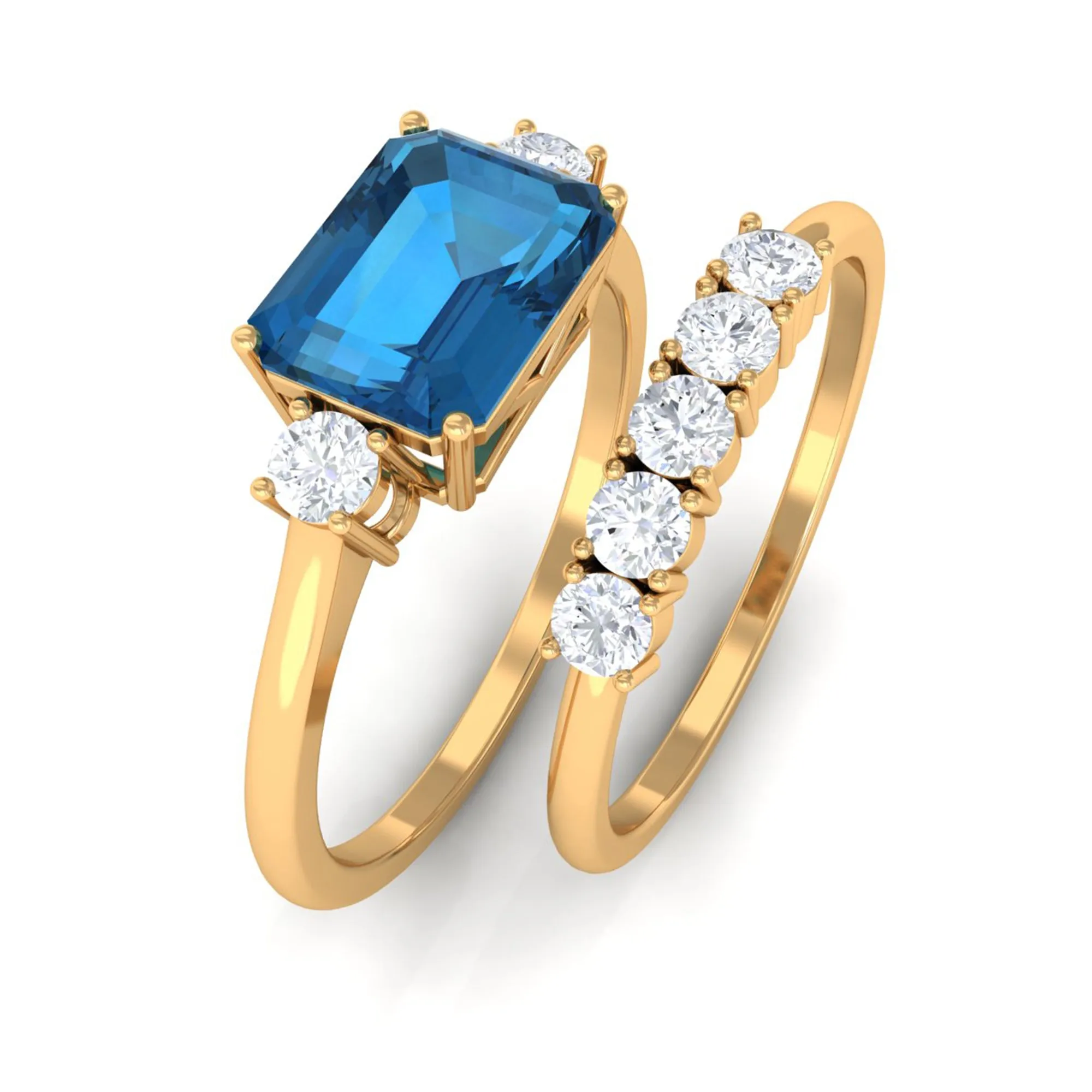 Octagon Cut London Blue Topaz Contemporary Wedding Ring Set with Diamond