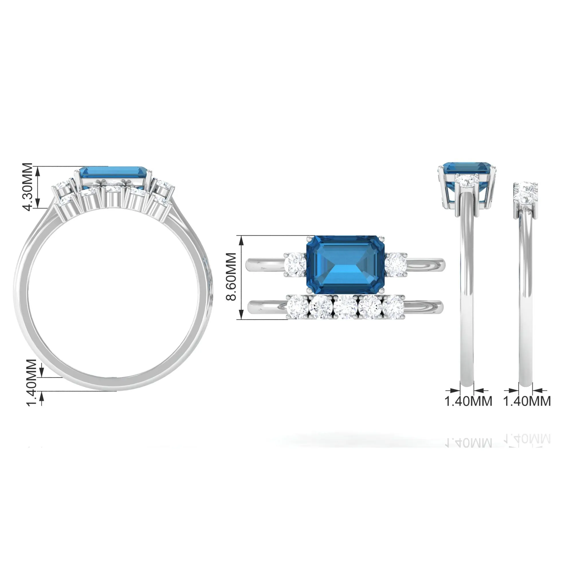 Octagon Cut London Blue Topaz Contemporary Wedding Ring Set with Diamond